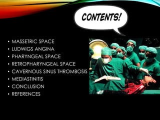 • MASSETRIC SPACE 
• LUDWIGS ANGINA 
• PHARYNGEAL SPACE 
• RETROPHARYNGEAL SPACE 
• CAVERNOUS SINUS THROMBOSIS 
• MEDIASTINITIS 
• CONCLUSION 
• REFERENCES 
 