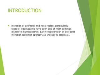 INTRODUCTION
 Infection of orofacial and neck region, particularly
those of odontogenic have been one of most common
disease in human beings. Early reconignition of orofacial
infection &prompt appropriate therapy is essential .
 