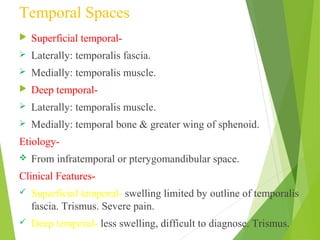 Temporal Spaces
 Superficial temporal-
 Laterally: temporalis fascia.
 Medially: temporalis muscle.
 Deep temporal-
 Laterally: temporalis muscle.
 Medially: temporal bone & greater wing of sphenoid.
Etiology-
 From infratemporal or pterygomandibular space.
Clinical Features-
 Superficial temporal- swelling limited by outline of temporalis
fascia. Trismus. Severe pain.
 Deep temporal- less swelling, difficult to diagnose. Trismus.
 