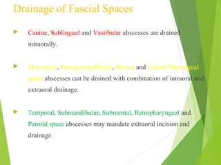 Drainage of Fascial Spaces
 Canine, Sublingual and Vestibular abscesses are drained
intraorally.
 Masseteric, Pterygomandibular, Buccal and Lateral Pharyngeal
space abscesses can be drained with combination of intraoral and
extraoral drainage.
 Temporal, Submandibular, Submental, Retropharyngeal and
Parotid space abscesses may mandate extraoral incision and
drainage.
 