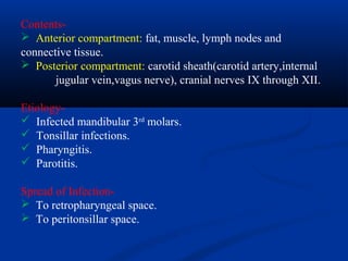 Contents Anterior compartment: fat, muscle, lymph nodes and
connective tissue.
 Posterior compartment: carotid sheath(carotid artery,internal
jugular vein,vagus nerve), cranial nerves IX through XII.
Etiology Infected mandibular 3rd molars.
 Tonsillar infections.
 Pharyngitis.
 Parotitis.
Spread of Infection To retropharyngeal space.
 To peritonsillar space.

 