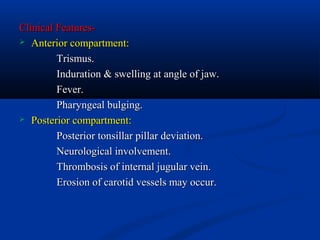 Clinical Features Anterior compartment:
Trismus.
Induration & swelling at angle of jaw.
Fever.
Pharyngeal bulging.
 Posterior compartment:
Posterior tonsillar pillar deviation.
Neurological involvement.
Thrombosis of internal jugular vein.
Erosion of carotid vessels may occur.

 