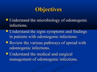 Objectives








Understand the microbiology of odontogenic
infections.
Understand the signs symptoms and findings
in patients with odontogenic infections.
Review the various pathways of spread with
odontogenic infections.
Understand the medical and surgical
management of odontogenic infections.

 