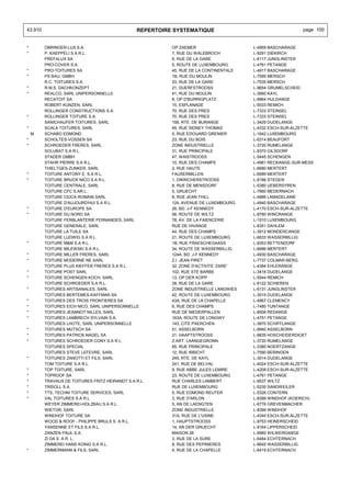 43.910                                          REPERTOIRE SYSTEMATIQUE                                   page 100


*        OBRINGER-LUX S.A.                                OP ZAEMER                    L-4959 BASCHARAGE
*        P. KAEPPELI S.A.R.L.                             7, RUE DU WALEBROCH          L-9291 DIEKIRCH
         PREFALUX SA                                      6, RUE DE LA GARE            L-6117 JUNGLINSTER
         PRO-COVER S.A.                                   5, ROUTE DE LUXEMBOURG       L-4761 PETANGE
*        PRO-TOITURES SA                                  45, RUE DE LA CONTINENTALE   L-4917 BASCHARAGE
*        PS BAU, GMBH                                     1B, RUE DU MOULIN            L-7595 MERSCH
         R.C. TOITURES S.A.                               33, RUE DE LA GARE           L-7535 MERSCH
*        R.M.S. DACHKONZEPT                               21, DUERFSTROOSS             L-9654 GRUMELSCHEID
*        REALCO, SARL UNIPERSONNELLE                      41, RUE DU MOULIN            L-3660 KAYL
         RECATOIT SA                                      8, OP D'BURRIGPLATZ          L-9964 HULDANGE
         ROBERT KUNZEN, SARL                              15, ESPLANADE                L-5533 REMICH
         ROLLINGER CONSTRUCTIONS S.A.                     70, RUE DES PRES             L-7333 STEINSEL
*        ROLLINGER TOITURE S.A.                           70, RUE DES PRES             L-7333 STEINSEL
         SANICHAUFER TOITURES, SARL                       158, RTE. DE BURANGE         L-3429 DUDELANGE
*        SCALA TOITURES, SARL                             45, RUE SIDNEY THOMAS        L-4332 ESCH-SUR-ALZETTE
    M    SCHABO EDMOND                                    5, RUE EDOUARD GRENIER       L-1642 LUXEMBOURG
*        SCHOLTES-VOSSEN SA                               23, RUE DU BOIS              L-6314 BEAUFORT
*        SCHROEDER FRERES, SARL                           ZONE INDUSTRIELLE            L-3720 RUMELANGE
         SOLUBAT S.A R.L.                                 31, RUE PRINCIPALE           L-9370 GILSDORF
         STADER GMBH                                      47, WAISTROOSS               L-5445 SCHENGEN
         STAHR PIERRE S.A R.L.                            10, RUE DES CHAMPS           L-4981 RECKANGE-SUR-MESS
         THIELTGES-ZUNKER, SARL                           2, RUE HAUTE                 L-6680 MERTERT
*        TOITURE ANTONY E. S.A R.L.                       FAUSERMILLEN                 L-6689 MERTERT
*        TOITURE BRUCK NICO S.A R.L.                      1, DIKRICHERSTROOSS          L-9186 STEGEN
         TOITURE CENTRALE, SARL                           8, RUE DE MENSDORF           L-5380 UEBERSYREN
         TOITURE CFC S.AR.L.                              5, GRUECHT                   L-7660 MEDERNACH
         TOITURE CIUCA ROMAIN SARL                        8, RUE JEAN THILL            L-4886 LAMADELAINE
         TOITURE D'AUJOURD'HUI S.A R.L.                   124, AVENUE DE LUXEMBOURG    L-4940 BASCHARAGE
*        TOITURE D'EUROPE SA                              26, BD. J-F KENNEDY          L-4170 ESCH-SUR-ALZETTE
*        TOITURE DU NORD SA                               56, ROUTE DE WILTZ           L-9780 WINCRANGE
         TOITURE FERBLANTERIE FERNANDES, SARL             78, AV. DE LA FAIENCERIE     L-1510 LUXEMBOURG
         TOITURE GENERALE, SARL                           RUE DE HIVANGE               L-8351 DAHLEM
         TOITURE LA TUILE SA                              44, RUE DES CHAMPS           L-3912 MONDERCANGE
         TOITURE LUDWIG S.A R.L.                          21, ROUTE DE LUXEMBOURG      L-6633 WASSERBILLIG
*        TOITURE M&M S.A R.L.                             1B, RUE FRAESCHEGAASS        L-9353 BETTENDORF
         TOITURE MILEWSKI S.A R.L.                        34, ROUTE DE WASSERBILLIG    L-6686 MERTERT
*        TOITURE MILLER FRERES, SARL                      124A, BD. J-F KENNEDY        L-4930 BASCHARAGE
*        TOITURE MODERNE NE SARL                          Z.I. JEAN PIRET              L-7737 COLMAR-BERG
         TOITURE PLUS KIEFFER FRERES S.A R.L.             32, ZONE D'ACTIVITE 'ZARE'   L-4384 EHLERANGE
*        TOITURE POST SARL                                102, RUE STE BARBE           L-3416 DUDELANGE
*        TOITURE SCHENGEN KOCH, SARL                      13, OP DER KOPP              L-5544 REMICH
         TOITURE SCHROEDER S.A R.L.                       39, RUE DE LA GARE           L-9122 SCHIEREN
*        TOITURES ARTISANALES, SARL                       ZONE INDUSTRIELLE LANGWIES   L-6131 JUNGLINSTER
         TOITURES BERTEMES-KAFFMAN SA                     42, ROUTE DE LUXEMBOURG      L-3515 DUDELANGE
*        TOITURES DES TROIS FRONTIERES SA                 43A, RUE DE LA CHAPELLE      L-4967 CLEMENCY
*        TOITURES EICH NICO, SARL UNIPERSONNELLE          6, RUE DES CHAMPS            L-7480 TUNTANGE
*        TOITURES JEANNOT NILLES, SARL                    RUE DE NIEDERPALLEN          L-8506 REDANGE
*        TOITURES LAMBRECH SYLVAIN S.A.                   163A, ROUTE DE LONGWY        L-4751 PETANGE
         TOITURES LHOTE, SARL UNIPERSONNELLE              143, CITE PAERCHEN           L-3870 SCHIFFLANGE
*        TOITURES MUTSCH SA                               51, ASSELBORN                L-9940 ASSELBORN
*        TOITURES PATRICK NAGEL SA                        21, HAAPTSTROOSS             L-9835 HOSCHEIDERDICKT
*        TOITURES SCHROEDER CONY S.A R.L.                 Z.ART. LAANGEGRONN           L-3720 RUMELANGE
         TOITURES SPECIAL                                 65, RUE PRINCIPALE           L-3380 NOERTZANGE
         TOITURES STEVE LEFEVRE, SARL                     12, RUE IRBICHT              L-7590 BERINGEN
*        TOITURES ZANOTTI ET FILS, SARL                   245, RTE. DE KAYL            L-3514 DUDELANGE
         TOM TOITURE S.A R.L.                             241, RUE DE BELVAL           L-4024 ESCH-SUR-ALZETTE
*        TOP TOITURE, SARL                                9, RUE ABBE JULES LEMIRE     L-4208 ESCH-SUR-ALZETTE
*        TOPROOF SA                                       23, ROUTE DE LUXEMBOURG      L-4761 PETANGE
*        TRAVAUX DE TOITURES FRITZ HEIRANDT S.A R.L.      RUE CHARLES LAMBERT          L-9537 WILTZ
*        TRISOLL S.A.                                     RUE DE LUXEMBOURG            L-5230 SANDWEILER
*        TTS, TECHNI TOITURE SERVICES, SARL               5, RUE EDMOND REUTER         L-5326 CONTERN
*        VAL TOITURES S.A R.L.                            3, RUE D'ARLON               L-8399 WINDHOF (KOERICH)
         WEYER ZIMMEREI-HOLZBAU S.A R.L.                  5, AN DE LAENGTEN            L-6776 GREVENMACHER
         WIETOR, SARL                                     ZONE INDUSTRIELLE            L-8399 WINDHOF
         WINDHOF TOITURE SA                               31A, RUE DE L'USINE          L-4340 ESCH-SUR-ALZETTE
         WOOD & ROOF - PHILIPPE BRULS S. A R.L.           1, HAUPTSTROOSS              L-9753 HEINERSCHEID
         YANSENNE ET FILS S.A R.L.                        14, AN DER GRUECHT           L-9164 LIPPERSCHEID
         ZANZEN PAUL S.A.                                 MAISON 26                    L-9980 WILWERDANGE
         ZI DA S. A R. L.                                 3, RUE DE LA SURE            L-6484 ECHTERNACH
         ZIMMEREI HANS KONIG S.A R.L.                     8, RUE DES PEPINIERES        L-6645 WASSERBILLIG
*        ZIMMERMANN & FILS, SARL                          4, RUE DE LA CHAPELLE        L-6419 ECHTERNACH
 