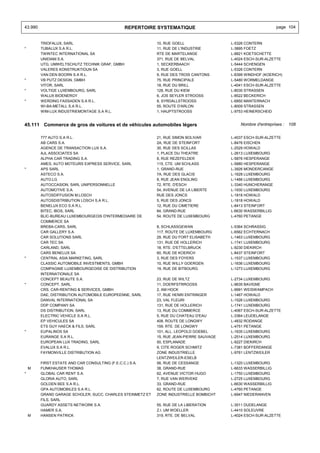 43.990                                          REPERTOIRE SYSTEMATIQUE                                         page 104


         TRIOFALUX, SARL                                    10, RUE GOELL                 L-5326 CONTERN
*        TUBALUX S.A R.L.                                   11, RUE DE L'INDUSTRIE        L-3895 FOETZ
         TWINTEC INTERNATIONAL SA                           RTE DE MARTELANGE             L-8821 KOETSCHETTE
         UNIDIAM S.A.                                       371, RUE DE BELVAL            L-4024 ESCH-SUR-ALZETTE
         UTG, UMWELTSCHUTZ TECHNIK GRAF, GMBH               1, SECKERBAACH                L-5444 SCHENGEN
         VALERES KONSTRUKTIOUN SA                           3, RUE GOELL                  L-5326 CONTERN
         VAN DEN BOORN S.A R.L.                             9, RUE DES TROIS CANTONS      L-8399 WINDHOF (KOERICH)
*        VB PUTZ DESIGN, GMBH                               75, RUE PRINCIPALE            L-5480 WORMELDANGE
         VITOR, SARL                                        18, RUE DU BRILL              L-4041 ESCH-SUR-ALZETTE
*        VOLTIGE LUXEMBOURG, SARL                           128, RUE DU KIEM              L-8030 STRASSEN
         WALUX BIOENERGY                                    6, JOS SEYLER STROOSS         L-8522 BECKERICH
*        WERDING FASSADEN S.A R.L.                          8, SYRDALLSTROOSS             L-6850 MANTERNACH
         WI-BA-METALL S.A R.L.                              55, ROUTE D'ARLON             L-8009 STRASSEN
         WIM-LUX INDUSTRIEMONTAGE S.A R.L.                  1, HAUPTSTROOSS               L-9753 HEINERSCHEID


45.111 Commerce de gros de voitures et de véhicules automobiles légers                        Nombre d'entreprises : 108


         777 AUTO S.A R.L.                                  21, RUE SIMON BOLIVAR         L-4037 ESCH-SUR-ALZETTE
         AB CARS S.A.                                       2A, RUE DE STEINFORT          L-8476 EISCHEN
         AGENCE DE TRANSACTION LUX S.A.                     30, RUE DES SCILLAS           L-2529 HOWALD
         AJL ASSOCIATES SA                                  1, PLACE DU THEATRE           L-2613 LUXEMBOURG
         ALPHA CAR TRADING S.A.                             8, RUE REZEFELDER             L-5876 HESPERANGE
         AMES, AUTO MOTEURS EXPRESS SERVICE, SARL           115, CTE. UM SCHLASS          L-5880 HESPERANGE
*        APS SARL                                           1, GRAND-RUE                  L-3926 MONDERCANGE
         ASTECO S.A.                                        7A, RUE DES GLACIS            L-1628 LUXEMBOURG
         AUTO.LG                                            8, RUE JEAN ENGLING           L-1466 LUXEMBOURG
         AUTOCCASION, SARL UNIPERSONNELLE                   72, RTE. D'ESCH               L-3340 HUNCHERANGE
         AUTOMOTIVE S.A.                                    54, AVENUE DE LA LIBERTE      L-1930 LUXEMBOURG
         AUTOSDIFFUSION M.LOSCH                             RUE DES JONCS                 L-1818 HOWALD
         AUTOSDISTRIBUTION LOSCH S.A R.L.                   5, RUE DES JONCS              L-1818 HOWALD
         BENELUX ECO S.A R.L.                               12, RUE DU CIMETIERE          L-8413 STEINFORT
         BITEC, IBOS, SARL                                  84, GRAND-RUE                 L-6630 WASSERBILLIG
         BLIC-BUREAU LUXEMBOURGEOIS D'INTERMEDIAIRE DE      54, ROUTE DE LUXEMBOURG       L-4760 PETANGE
         COMMERCE SA
         BREBA-CARS, SARL                                   8, SCHLASSGEWAN               L-5364 SCHRASSIG
         CAR GALLERY S.A.                                   117, ROUTE DE LUXEMBOURG      L-6562 ECHTERNACH
         CAR SOLUTIONS SARL                                 29, RUE DU FORT ELISABETH     L-1463 LUXEMBOURG
         CAR TEC SA                                         131, RUE DE HOLLERICH         L-1741 LUXEMBOURG
         CARLAND, SARL                                      18, RTE. D'ETTELBRUCK         L-9230 DIEKIRCH
         CARS BENELUX SA                                    60, RUE DE KOERICH            L-8437 STEINFORT
*        CENTRAL ASIA MARKETING, SARL                       3, RUE DES FOYERS             L-1537 LUXEMBOURG
         CLASSIC AUTOMOBILE INVESTMENTS, GMBH               10, RUE WILLY GOERGEN         L-1636 LUXEMBOURG
         COMPAGNIE LUXEMBOURGEOISE DE DISTRIBUTION          19, RUE DE BITBOURG           L-1273 LUXEMBOURG
         INTERNATIONALE SA
         CONCEPT BEAUTE S.A.                                23, RUE DE WILTZ              L-2734 LUXEMBOURG
*        CONCEPT, SARL                                      11, DOERFSTRROOSS             L-9635 BAVIGNE
         CRS, CAR-RENTING & SERVICES, GMBH                  2, AM HOCK                    L-9991 WEISWAMPACH
         DAE, DISTRIBUTION AUTOMOBILE EUROPEENNE, SARL      17, RUE HENRI ENTRINGER       L-1467 HOWALD
         DANVAL INTERNATIONAL SA                            23, VAL FLEURI                L-1526 LUXEMBOURG
         DDP COMPANY SA                                     131, RUE DE HOLLERICH         L-1741 LUXEMBOURG
         DS DISTRIBUTION, SARL                              13, RUE DU COMMERCE           L-4067 ESCH-SUR-ALZETTE
         ELECTRIC VEHICLE S.A R.L.                          5, RUE DU CHATEAU D'EAU       L-3364 LEUDELANGE
         EP VEHICULES SA                                    408, ROUTE DE LONGWY          L-4832 RODANGE
         ETS GUY HAECK & FILS, SARL                         159, RTE. DE LONGWY           L-4751 PETANGE
*        EUPALINOS SA                                       101, ALL. LEOPOLD GOEBEL      L-1635 LUXEMBOURG
         EURANGE S.A R.L.                                   15, RUE JEAN-PIERRE SAUVAGE   L-2514 LUXEMBOURG
         EUROPEAN LUX TRADING, SARL                         50, ESPLANADE                 L-9227 DIEKIRCH
         EVALUX S.A R.L.                                    9, CITE ROGER SCHMITZ         L-7381 BOFFERDANGE
         FAYMONVILLE DISTRIBUTION AG                        ZONE INDUSTRIELLE             L-9761 LENTZWEILER
                                                            LENTZWEILER-ESELB
         FIRST ESTATE AND CAR CONSULTING (F.E.C.C.) S.A.    56, RUE DE CESSANGE           L-1320 LUXEMBOURG
    M    FUNKHAUSER THOMAS                                  38, GRAND-RUE                 L-6633 WASSERBILLIG
*        GLOBAL CAR RENT S.A.                               62, AVENUE VICTOR HUGO        L-1750 LUXEMBOURG
         GLORIA AUTO, SARL                                  7, RUE VAN WERVEKE            L-2725 LUXEMBOURG
         GOLDEN BEE S.A R.L.                                33, GRAND-RUE                 L-6630 WASSERBILLIG
         GPA AUTOMOBILES S.A R.L.                           62, ROUTE DE LUXEMBOURG       L-4760 PETANGE
         GRAND GARAGE SCHOLER, SUCC. CHARLES STEINMETZ ET   ZONE INDUSTRIELLE BOMBICHT    L-6947 NIEDERANVEN
         FILS, SARL
         GUARDY ASSETS NETWORK S.A.                         55, RUE DE LA LIBERATION      L-3511 DUDELANGE
         HAMER S.A.                                         Z.I. UM WOELLER               L-4410 SOLEUVRE
    M    HANSEN PATRICK                                     319, RTE. DE BELVAL           L-4024 ESCH-SUR-ALZETTE
 