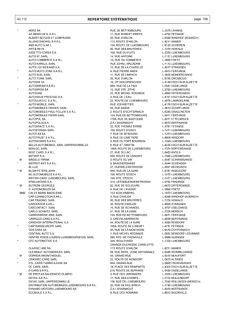 45.112                                          REPERTOIRE SYSTEMATIQUE                                        page 106


*         AERO SA                                         RUE DE BETTEMBOURG               L-3378 LIVANGE
          AG BENELUX S. A R.L.                            11, RUE ROBERT KRIEPS            L-4702 PETANGE
          ALBERT SEYLER ET COMPAGNIE                      20, RUE D'ARLON                  L-8399 WINDHOF (KOERICH)
          ALLRAD DAEWEL S.A R.L.                          113, ROUTE D'ARLON               L-8211 MAMER
          AMS AUTO S.AR.L.                                124, ROUTE DE LUXEMBOURG         L-9125 SCHIEREN
          ART & REVS                                      60, RUE DES BRUYERES             L-1274 HOWALD
          ASSETTO CORSA S.A.                              10A, RUE DU PUITS                L-2355 LUXEMBOURG
          AUTO 97, SARL                                   14, RUE ANTOINE                  L-1131 LUXEMBOURG
          AUTO COMMERCE S.A R.L.                          1A, RUE DU COMMERCE              L-3895 FOETZ
          AUTO KARELS, SARL                               RUE JOHN L MACADAM               L-1113 LUXEMBOURG
          AUTO LUX WEILAND S.A.                           12, RUE DE LA CHAPELLE           L-8017 STRASSEN
*         AUTO MOTO ZONE S.A R.L.                         4, RUE PIERRE ANEN               L-5813 FENTANGE
          AUTO SUD, SARL                                  11, RUE DE LIMPACH               L-3932 MONDERCANGE
*         AUTO TEAM, SARL                                 20, RUE D'ARLON                  L-9155 GROSBOUS
          AUTODIS SA                                      18, OP DEN DRIESCHEN             L-4149 ESCH-SUR-ALZETTE
          AUTODREAM S.A R.L.                              88A, RUE DE LA PAIX              L-3541 DUDELANGE
*         AUTODROM SA                                     12, RUE STE. ZITHE               L-2763 LUXEMBOURG
          AUTOGAM                                         22, RUE MICHEL RODANGE           L-4660 DIFFERDANGE
          AUTOHAUS PRESTIGE S.A.                          3, RUE DE L'EAU                  L-4101 ESCH-SUR-ALZETTE
          AUTOLUX D.G. S.A R.L.                           23, ROUTE DE LUXEMBOURG          L-4876 LAMADELAINE
*         AUTO-MOBILE, SARL                               RUE JOS KIEFFER                  L-4176 ESCH-SUR-ALZETTE
          AUTOMOBILES ORIGER, SARL                        55, RUE BASSE                    L-3813 SCHIFFLANGE
          AUTOMOBILES PAUL FELLER S.A R.L.                2, ROUTE D'ECHTERNACH            L-6240 GRAULINSTER
          AUTOMOBILES PIERRI SARL                         134, RUE DE BETTEMBOURG          L-5811 FENTANGE
          AUTOPOL SA                                      170A, RUE DE BASTOGNE            L-9011 ETTELBRUCK
          AUTOPOLIS S.A.                                  Z.A.I. BOURMICHT                 L-8070 BERTRANGE
          AUTOSPACE S.A R.L.                              32, RUE THOMAS BYRNE             L-3761 TETANGE
          AUTOSTRADA SARL                                 109, ROUTE D'ESCH                L-1471 LUXEMBOURG
          AUTOTAX SA                                      7, RUE DE BITBOURG               L-1273 LUXEMBOURG
          AUTOTRUST S.A R.L.                              4, RUE DU CIMETIERE              L-8809 ARSDORF
          AUTOWORKS S.A R.L.                              3, RUE DU FORT BOURBON           L-1249 LUXEMBOURG
          BELUX-AUTOMOBILE, SARL UNIPERSONNELLE           6, RUE ST. MARTIN                L-4235 ESCH-SUR-ALZETTE
*         BERLOC, SARL                                    156A, ROUTE DE LUXEMBOURG        L-7374 BOFFERDANGE
          BEST CARS, S.A R.L.                             27, RUE DU LAC                   L-9453 BIVELS
          BETSER S.A.                                     490, ROUTE DE LONGWY             L-1940 LUXEMBOURG
    M     BINDELS FRANK                                   3, ROUTE DU VIN                  L-5447 SCHWEBSANGE
*         BISTROT-BAY S.A R.L.                            6, BAACHERGAASS                  L-5444 SCHENGEN
          BL-LUX                                          27, HUEWELERSTROOSS              L-8521 BECKERICH
* M       BLOM-PETERS JEAN                                49A, RUE DE LA SURE              L-9161 INGELDORF
          BO AUTOMOBILES S.A R.L.                         106, ROUTE D'ESCH                L-1470 LUXEMBOURG
          BRITISH CARS LUXEMBOURG, SARL                   164, RTE. D'ESCH                 L-1471 LUXEMBOURG
          BTMLUXCARS S.A.                                 31A, LETZEBUERGERSTROOSS         L-5752 FRISANGE
* M       BUTRONI GEORGES                                 82, RUE DE SOLEUVRE              L-4670 DIFFERDANGE
          C. AUTOMOBILES SA                               4, RUE DE L'AVENIR               L-3895 FOETZ
    MME   CALES MARIE MADELEINE                           133, KOHLENBERG                  L-1870 LUXEMBOURG
          CAR CONNECTION S.AR.L.                          3, RUE D'ARLON                   L-8399 WINDHOF (KOERICH)
          CAR TRADING, SARL                               95, RUE DES BRUYERES             L-1274 HOWALD
          CARCENTER S.AR.L.                               34, ROUTE D'ARLON                L-8008 STRASSEN
          CARCONTACT, SARL                                15, RUE DE SCHANDEL              L-8707 USELDANGE
          CARLO SCHMITZ, SARL                             21, RUE DE LA GARE               L-7535 MERSCH
          CARROSSERIE 2000, SARL                          130, RUE DE BETTEMBOURG          L-5811 FENTANGE
          CARRUZZI CARS S.A R.L.                          3, GREVELSBARRIERE               L-8059 BERTRANGE
          CARSHOP INTERNATIONAL S.A.                      44, ROUTE DE LA SURE             L-9390 REISDORF
*         CARTRANSEUROPE SARL                             165A, ROUTE DE LONGWY            L-4751 PETANGE
          CDS CARS SA                                     20, RUE DE LA MONTAGNE           L-6470 ECHTERNACH
          CENTRAL AUTO S.A.                               1, RUE MICHEL RODANGE            L-5652 MONDORF-LES-BAINS
          CENTRE POIDS LOURDS LUXEMBOURGEOIS, SARL        580, RTE. DE THIONVILLE          L-5888 ALZINGEN
*         CFC AUTOMOTIVE S.A.                             34A, BOULEVARD                   L-1330 LUXEMBOURG
                                                          GRANDE-DUCHESSE CHARLOTTE
          CLASSIC LINE SA                                 113, ROUTE D'ARLON               L-8211 MAMER
          CLERBAUT AUTOMOBILES, SARL                      68, RUE HIEHL, ZONE ARTISANALE   L-5485 WORMELDANGE
    M     CORREIA BRUNO MIGUEL                            4A, GRAND-RUE                    L-6310 BEAUFORT
*         CRASHED CARS SARL                               32, ROUTE DE MONDORF             L-5670 ALTWIES
*         CTL, CARS-TUNING-LEASE SA                       60A, GRAND-RUE                   L-9905 TROISVIERGES
          DC CARS, SARL                                   18, PLACE DES REMPARTS           L-4303 ESCH-SUR-ALZETTE
          D-CARS S.A R.L.                                 218, ROUTE DE BURANGE            L-3429 DUDELANGE
* M       DE FREITAS GAUDENCIO OLIMPIO                    3, RUE DES JARDINIERS            L-1835 LUXEMBOURG
          DETAIL S.A R.L.                                 17, RUE DES CHAMPS               L-7312 MULLENDORF
          DICAR, SARL UNIPERSONNELLE                      136, RUE DE LUXEMBOURG           L-7540 ROLLINGEN (MERSCH)
          DISTRIBUTION AUTOMOBILES LUXEMBOURG S.A R.L.    20, RUE DE HOLLERICH             L-1740 LUXEMBOURG
          DYNAMIC MOTORS LUXEMBOURG SA                    Z.A.I. BOURMICHT                 L-8070 BERTRANGE
          ECOBUILD S.A R.L.                               9, RUE DES ROMAINS               L-8812 BIGONVILLE
 
