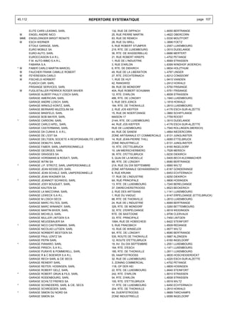 45.112                                          REPERTOIRE SYSTEMATIQUE                                           page 107


          ELITE CARS LEASING, SARL                           132, RUE DE DIPPACH              L-8055 BERTRANGE
    M     ENGEL ANDRE NICO                                   25, RUE PIERRE MARTIN            L-4622 OBERCORN
    MME   ENGELDINGER BIRGIT RENATE                          83, RUE DE REMICH                L-5330 MOUTFORT
    M     ESCH WERNER                                        28, RUE DU BRILL                 L-3898 FOETZ
          ETOILE GARAGE, SARL                                5, RUE ROBERT STUMPER            L-2557 LUXEMBOURG
          EURO MOBILE SA                                     219, RTE. DE LUXEMBOURG          L-3515 DUDELANGE
          EURO-AUTO, SARL                                    36, RTE. DE WASSERBILLIG         L-6686 MERTERT
          EUROCCASION S.A R.L.                               21, RUE ROBERT KRIEPS            L-4702 PETANGE
          F.M. AUTO-IMMO S.A R.L.                            1, RUE DE L'INDUSTRIE            L-8069 STRASSEN
          FABARIA S.A.                                       3, RUE D'ARLON                   L-8399 WINDHOF (KOERICH)
* M       FABER CARLO MARTIN MARCEL                          6, RTE. DE DIEKIRCH              L-9834 HOLZTHUM
  M       FAUCHER FRANK CAMILLE ROBERT                       49, RUE DE LA LIBERATION         L-4797 LINGER
  M       FEYEREISEN CARLO                                   27, RTE. D'ECHTERNACH            L-6212 CONSDORF
  M       FISCHELS HERBERT                                   1, RUE DE HUY                    L-9415 VIANDEN
          FLASCH CAR, SARL                                   42, RANGWEE                      L-2412 HOWALD
          FRISANGE SERVICES, SARL                            59, RUE DE MONDORF               L-5750 FRISANGE
    M     FUGLISTALLER PIERRICK ROGER XAVIER                 40A, RUE ROBERT SCHUMAN          L-5751 FRISANGE
          GARAGE ALBERT PAULY LOSCH SARL                     12, RTE. D'ARLON                 L-8008 STRASSEN
          GARAGE AMERICAIN, SARL                             486, RTE. DE LONGWY              L-1940 LUXEMBOURG
          GARAGE ANDRE LOSCH, SARL                           5, RUE DES JONCS                 L-1818 HOWALD
          GARAGE ARNOLD KONTZ, SARL                          184, RTE. DE THIONVILLE          L-2610 LUXEMBOURG
          GARAGE BERNARD MUZZOLINI SA                        2, RUE JOS KIEFFER               L-4176 ESCH-SUR-ALZETTE
          GARAGE BINSFELD, SARL                              15, RUE DE NOERTZANGE            L-3860 SCHIFFLANGE
          GARAGE BOB MAYER, SARL                             MAISON 17                        L-7759 ROOST
*         GARAGE CARDONI, SARL                               214A, RTE. DE LUXEMBOURG         L-3515 DUDELANGE
          GARAGE CARLO APEL, SARL                            44, RUE JOS KIEFFER              L-4176 ESCH-SUR-ALZETTE
          GARAGE CASTERMANS, SARL                            RUE DE LUXEMBOURG                L-7540 ROLLINGEN (MERSCH)
          GARAGE DA CUNHA S. A R.L.                          44, RUE DE SANEM                 L-4664 NIEDERCORN
          GARAGE DE L'EST SA                                 ZONE ARTISANALE ET COMMERCIALE   L-6131 JUNGLINSTER
          GARAGE DELTGEN, SOCIETE A RESPONSABILITE LIMITEE   14, RUE JEAN-PIERRE THILL        L-9085 ETTELBRUCK
          GARAGE DEMUTH, SARL                                ZONE INDUSTRIELLE                L-6131 JUNGLINSTER
          GARAGE FABER, SARL UNIPERSONNELLE                  10, RTE. D'ETTELBRUCK            L-9160 INGELDORF
          GARAGE GEORGES, SARL                               10, UM MIERSCHERBIERG            L-7526 MERSCH
          GARAGE GRASGES SA                                  36, RTE. D'ETTELBRUCK            L-9230 DIEKIRCH
          GARAGE HORSMANS & ROSATI, SARL                     5, QUAI DE LA MOSELLE            L-5405 BECH-KLEINMACHER
          GARAGE INTINI SA                                   8B, RTE. DE LONGWY               L-8080 BERTRANGE
*         GARAGE J.P. STROTZ, SARL UNIPERSONNELLE            21A, RUE DU DIX SEPTEMBRE        L-9560 WILTZ
          GARAGE JEAN KESSELER, SARL                         ZONE ARTISANALE GEHAANSRAICH     L-6187 GONDERANGE
          GARAGE JEAN SCHALZ, SARL UNIPERSONNELLE            8, RUE KRUNN                     L-6453 ECHTERNACH
          GARAGE JEAN WAGNER SA                              17, RUE DE L'INDUSTRIE           L-9250 DIEKIRCH
*         GARAGE JEANNOT SCHWEIG, SARL                       6A, RUE PRINCIPALE               L-9806 HOSINGEN
          GARAGE JOSY BOUQUET, SARL                          13, RTE. DE LUXEMBOURG           L-7240 BERELDANGE
          GARAGE KAUTEN SA                                   37, DIKRECHERSTROOSS             L-8523 BECKERICH
          GARAGE LA MACCHINA, SARL                           2, RUE DES ARTISANS              L-1141 LUXEMBOURG
          GARAGE LEWECK S.A R.L.                             1, RUE DU VIADUC                 L-9147 ERPELDANGE (ETTELBRUCK)
          GARAGE M LOSCH SECS                                88, RTE. DE THIONVILLE           L-2610 LUXEMBOURG
          GARAGE MARC FELTES, SARL                           24, RUE DE L'INDUSTRIE           L-8069 BERTRANGE
          GARAGE MARC WINANDY, SARL                          326, RTE. DE MONDORF             L-3260 BETTEMBOURG
          GARAGE MARTIN BIVER, SARL                          32, RTE. D'ERPELDANGE            L-9518 WEIDINGEN
          GARAGE MICHELS, SARL                               RTE. DE BASTOGNE                 L-9706 CLERVAUX
          GARAGE MULLER LINTGEN S.A.                         33, RTE. PRINCIPALE              L-7450 LINTGEN
          GARAGE NEUGEBAUER SA                               106A, RUE DE HOBSCHEID           L-8422 STEINFORT
*         GARAGE NICO CASTERMANS, SARL                       5, RUE FRAESBICH                 L-8509 REDANGE
          GARAGE NICOLAS LUTGEN, SARL                        10, RUE DE WINSELER              L-9577 WILTZ
          GARAGE NORBERT BESTGEN SA                          8A, RTE. DE LONGWY               L-8080 BERTRANGE
          GARAGE PAUL LENTZ SA                               535, ROUTE DE THIONVILLE         L-5887 ALZINGEN
          GARAGE PEPIN SARL                                  12, ROUTE D'ETTELBRUCK           L-9160 INGELDORF
*         GARAGE PIANARO, SARL                               19, AV. DU DIX SEPTEMBRE         L-2551 LUXEMBOURG
          GARAGE PIRSCH, S.A R.L.                            164, RTE. D'ESCH                 L-1471 LUXEMBOURG
          GARAGE PURAYE & POMMERELL, SARL                    185, RTE. DE THIONVILLE          L-2611 LUXEMBOURG
          GARAGE R & C BOEWER S.A R.L.                       55, HAAPTSTROOSS                 L-9835 HOSCHEIDERDICKT
          GARAGE RECH SARL & CIE SECS                        32, RUE DE LUXEMBOURG            L-4220 ESCH-SUR-ALZETTE
          GARAGE REINERT SARL                                3, ZONING COMMERCIAL             L-4702 PETANGE
          GARAGE REITER, HOSINGEN, SARL                      11B, OP DER HEI                  L-9809 HOSINGEN
          GARAGE ROBERT GELZ, SARL                           22, RTE. DE LUXEMBOURG           L-8440 STEINFORT
*         GARAGE ROBERT GRUN & FILS, SARL                    242, RTE. D'ARLON                L-8010 STRASSEN
          GARAGE RODENBOURG, SARL                            54, RTE. D'ARLON                 L-8008 STRASSEN
          GARAGE SCHILTZ FRERES SA                           100, RTE. D'ETTELBRUCK           L-9519 WILTZ
*         GARAGE SCHNEIDERS, SARL & CIE, SECS                17, RTE. DE LUXEMBOURG           L-6450 ECHTERNACH
          GARAGE SCHROEDER, SARL                             204, RTE. DE THIONVILLE          L-2610 HOWALD
*         GARAGE SIMON DU NORD SA                            64, DUERFSTROOSS                 L-9689 TARCHAMPS
          GARAGE SIMON SA                                    ZONE INDUSTRIELLE                L-9099 INGELDORF
 