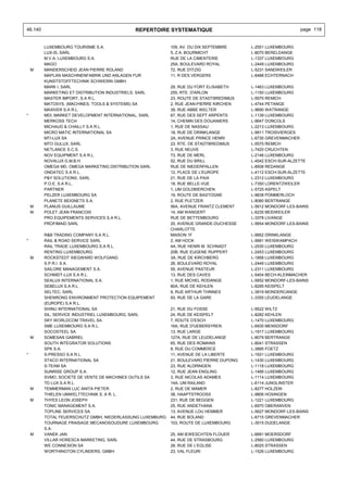46.140                                       REPERTOIRE SYSTEMATIQUE                                         page 118


         LUXEMBOURG TOURISME S.A.                          109, AV. DU DIX SEPTEMBRE     L-2551 LUXEMBOURG
         LUX-IS, SARL                                      5, Z.A. BOURMICHT             L-8070 BERELDANGE
         M.V.A. LUXEMBOURG S.A.                            RUE DE LA CIMENTERIE          L-1337 LUXEMBOURG
         MAGO                                              25A, BOULEVARD ROYAL          L-2449 LUXEMBOURG
    M    MANDERSCHEID JEAN PIERRE ROLAND                   72, RUE D'ITZIG               L-5231 SANDWEILER
         MAPLAN MASCHINENFABRIK UND ANLAGEN FUR            11, R DES VERGERS             L-6488 ECHTERNACH
         KUNSTSTOFFTECHNIK SCHWERIN GMBH
         MARK I, SARL                                      29, RUE DU FORT ELISABETH     L-1463 LUXEMBOURG
         MARKETING ET DISTRIBUTION INDUSTRIELS, SARL       255, RTE. D'ARLON             L-1150 LUXEMBOURG
         MASTER IMPORT, S.A R.L.                           23, ROUTE DE STADTBREDIMUS    L-5570 REMICH
         MATOSYS, (MACHINES, TOOLS & SYSTEMS) SA           2, RUE JEAN-PIERRE KIRCHEN    L-4744 PETANGE
         MAXIVER S.A R.L.                                  39, RUE ABBE WELTER           L-9690 WATRANGE
*        MDI, MARKET DEVELOPMENT INTERNATIONAL, SARL       67, RUE DES SEPT ARPENTS      L-1139 LUXEMBOURG
         MERKOSS TECH                                      14, CHEMIN DES DOUANIERS      L-9647 DONCOLS
         MICHAUD & CHAILLY S.A R.L.                        1, RUE DE NASSAU              L-2213 LUXEMBOURG
         MICRO MATIC INTERNATIONAL SA                      18, RUE DE DRINKLANGE         L-9911 TROISVIERGES
         MTI-LUX SA                                        2A, AVENUE PRINCE HENRI       L-6735 GREVENMACHER
         MTO GULUX, SARL                                   23, RTE. DE STADTBREDIMUS     L-5570 REMICH
         NETLANCE S.C.S.                                   3, RUE NEUVE                  L-7420 CRUCHTEN
         NOV EQUIPMENT S.A R.L.                            73, RUE DE MERL               L-2146 LUXEMBOURG
         NOVALUX G.M.B.H.                                  52, RUE DU BRILL              L-4042 ESCH-SUR-ALZETTE
         OMEGA MD, OMEGA MARKETING DISTRIBUTION SARL       RUE DE NIEDERPALLEN           L-8506 REDANGE
         ONDATEC S.A R.L.                                  12, PLACE DE L'EUROPE         L-4112 ESCH-SUR-ALZETTE
         P&Y SOLUTIONS, SARL                               21, RUE DE LA PAIX            L-2312 LUXEMBOURG
         P.O.E. S.A R.L.                                   18, RUE BELLE-VUE             L-7350 LORENTZWEILER
         PARTNER                                           1, UM GOLDBIERCHEN            L-5720 ASPELT
         PELZER LUXEMBOURG SA                              19, ROUTE DE BASTOGNE         L-9638 POMMERLOCH
         PLANETE BEIGNETS S.A.                             2, RUE PLETZER                L-8080 BERTRANGE
    M    PLANUS GUILLAUME                                  56A, AVENUE FRANTZ CLEMENT    L-5612 MONDORF-LES-BAINS
    M    POLET JEAN FRANCOIS                               14, AM WANGERT                L-6235 BEIDWEILER
         PRO EQUIPEMENTS SERVICES S.A R.L.                 RUE DE BETTEMBOURG            L-3378 LIVANGE
         PROFIMAID SARL                                    20, AVENUE GRANDE-DUCHESSE    L-5654 MONDORF-LES-BAINS
                                                           CHARLOTTE
         R&B TRADING COMPANY S.A R.L.                      MAISON 1F                     L-9952 DRINKLANGE
*        RAIL & ROAD SERVICE SARL                          2, AM HOCK                    L-9991 WEISWAMPACH
         RAIL TRADE LUXEMBOURG S.A R.L.                    4A, RUE HENRI M. SCHNADT      L-2530 LUXEMBOURG
         RENTING LUXEMBOURG                                20B, RUE EUGENE RUPPERT       L-2453 LUXEMBOURG
    M    ROCKSTEDT SIEGWARD WOLFGANG                       3A, RUE DE KIRCHBERG          L-1858 LUXEMBOURG
         S.P.R.I. S.A.                                     26, BOULEVARD ROYAL           L-2449 LUXEMBOURG
         SAILORE MANAGEMENT S.A.                           55, AVENUE PASTEUR            L-2311 LUXEMBOURG
         SCHMIDT-LUX S.A R.L.                              13, RUE DES CAVES             L-5404 BECH-KLEINMACHER
         SEALUX INTERNATIONAL S.A.                         1, RUE MICHEL RODANGE         L-5652 MONDORF-LES-BAINS
         SEBELUX S.A R.L.                                  80A, RUE DE KEHLEN            L-8295 KEISPELT
         SELTEC, SARL                                      9, RUE ARTHUR THINNES         L-3919 MONDERCANGE
         SHENRONG ENVIRONMENT PROTECTION EQUIPEMENT        93, RUE DE LA GARE            L-3355 LEUDELANGE
         (EUROPE) S.A R.L.
         SHINU INTERNATIONAL SA                            21, RUE DU FOSSE              L-9522 WILTZ
         SIL, SERVICE INDUSTRIEL LUXEMBOURG, SARL          24, RUE DE KEISPELT           L-8282 KEHLEN
         SKY WORLDCOM TRAVEL SA                            7, ROUTE D'ESCH               L-1470 LUXEMBOURG
         SME LUXEMBOURG S.A R.L.                           16A, RUE D'UEBERSYREN         L-6930 MENSDORF
         SOCOSTEEL SA                                      13, RUE LARGE                 L-1917 LUXEMBOURG
    M    SOMESAN GABRIEL                                   127A, RUE DE LEUDELANGE       L-8079 BERTRANGE
         SOUTH INTEGRATOR SOLUTIONS                        65, RUE DES ROMAINS           L-8041 STRASSEN
         SPK S.A.                                          8, RUE DU COMMERCE            L-3895 FOETZ
*        S-PRESSO S.A R.L.                                 11, AVENUE DE LA LIBERTE      L-1931 LUXEMBOURG
         STACO INTERNATIONAL SA                            21, BOULEVARD PIERRE DUPONG   L-1430 LUXEMBOURG
         S-TEAM SA                                         23, RUE ALDRINGEN             L-1118 LUXEMBOURG
         SUNRISE GROUP S.A.                                12, RUE JEAN ENGLING          L-1466 LUXEMBOURG
         SVMO, SOCIETE DE VENTE DE MACHINES OUTILS SA      3, RUE NICOLAS ADAMES         L-1114 LUXEMBOURG
         TD LUX S.A R.L.                                   14A, UM RAILAND               L-6114 JUNGLINSTER
    M    TEMMERMAN LUC ANITA PIETER                        2, RUE DE MAMER               L-8277 HOLZEM
         THIELEN UMWELTTECHNIK S. A R. L.                  38, HAAPTSTROOSS              L-9806 HOSINGEN
    M    THYES LEON JOSEPH                                 231, RUE DE BEGGEN            L-1221 LUXEMBOURG
         TONIC MANAGEMENT S.A.                             25, RUE ANDETHANA             L-6970 OBERANVEN
         TOPLINE SERVICES SA                               13, AVENUE LOU HEMMER         L-5627 MONDORF-LES-BAINS
         TOTAL FEUERSCHUTZ GMBH, NIEDERLASSUNG LUXEMBURG   44, RUE BOLAND                L-6715 GREVENMACHER
         TOURNAGE FRAISAGE MECANOSOUDURE LUXEMBOURG        103, ROUTE DE LUXEMBOURG      L-3515 DUDELANGE
         S.A.
    M    VANEK JAN                                         25, AM IEWESCHTEN FLOUER      L-6691 MOERSDORF
         VILLAR HORESCA MARKETING, SARL                    44, RUE DE STRASBOURG         L-2560 LUXEMBOURG
         WE CONNEXION SA                                   28, RUE DE L'EGLISE           L-8025 STRASSEN
         WORTHINGTON CYLINDERS, GMBH                       23, VAL FLEURI                L-1526 LUXEMBOURG
 