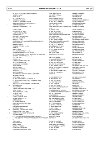 46.690                                          REPERTOIRE SYSTEMATIQUE                                               page 153


         GE INTELLIGENT PLATFORMS EUROPE S.A.                   ZONE INDUSTRIELLE                L-6468 ECHTERNACH
         GENERAL BEAUTY                                         100, DUERFSTROOSS                L-9647 DONCOLS
         GESYLUX SA                                             9, RUE ENZ                       L-5532 REMICH
         GF & PARTNERS S.A.                                     3, RUE EDMOND REUTER             L-5326 CONTERN
    M    GOERES JEAN JOSEPH                                     20, AV. MARIE-ADELAIDE           L-5635 MONDORF-LES-BAINS
         GRAPHILUX INTERNATIONAL SA                             10, RUE WILLY GOERGEN            L-1636 LUXEMBOURG
*        GRELLMANN FIRE PROTECTION S.A R.L.                     1, WELTZERSTROOSS                L-9643 BUEDERSCHEID
*        GUMMI-ROLLER, SARL                                     6, Z. A. R. E. EST               L-4385 EHLERANGE
         GUNNEBO LUXEMBOURG S.A R.L.                            ZONE INDUSTRIELLE LETZEBUERGER   L-3844 SCHIFFLANGE
                                                                HECK
         H.C.T. LUX S.A.                                        10, OP DER SANG                  L-9779 LENTZWEILER
         H2O PRODUCTS, SARL                                     37, RUE DU CENTRE                L-3960 EHLANGE
         HAGER INVESTMENT SA                                    2C, RUE NICOLAS BOVE             L-1253 LUXEMBOURG
         HANSA-FLEX S.A R.L.                                    ZONE INDUSTRIELLE UM MONKELER    L-4149 SCHIFFLANGE
         HEIN KALTETECHNIK, SARL                                102, RUE DU KIEM                 L-8030 STRASSEN
         HEIN TECH LUX, SARL                                    31, OP DER HECKMILL              L-6783 GREVENMACHER
         HENTGES S.A R.L.                                       42, RUE SCHEUERBERG              L-5422 ERPELDANGE (BOUS)
         HERBERLUX, SARL MACHINES POUR BOULANGERIES             ZONE INDUSTRIELLE GRASBUSCH      L-3370 LEUDELANGE
         HITECLINE, SARL                                        19, ROUTE DE BASTOGNE            L-9038 POMMERLOCH
         HOMESYSTEM S.A.                                        64, ESP. DE LA MOSELLE           L-6637 WASSERBILLIG
         HORESCA EXPRESS S.A R.L.                               3, RUE DU MONT ST. JEAN          L-3652 KAYL
         HORN SA                                                19, RUE DE BITBOURG              L-1273 LUXEMBOURG
         HUFFER, SARL                                           23, CITE ALINE MAYRISCH          L-7268 BERELDANGE
         HWB-ENERGY-GROUPS S.A R.L.                             10, WISSWEE                      L-5441 REMERSCHEN
         HYDRAFORCE HYDRAULICS LIMITED                          3, PL. GUILLAUME                 L-9237 DIEKIRCH
         IAP INTERNATIONAL S.A R.L., INDUSTRIAL AUTOMATION      8, RUE DE LA PLATINERIE          L-8552 OBERPALLEN
         PROCESS INTERNATIONAL S.A R.L.
         IDEA LUX, SARL                                         6, MTE. ST. URBAIN               L-5573 REMICH
         IDEMON S.A.                                            12, MARBUERGERSTROOSS            L-9764 MARNACH
         ILLIMITEC INTERNATIONAL S.A.                           41, RUE DES TREVIRES             L-2628 LUXEMBOURG
         IMES LUXEMBOURG SA                                     50, RUE DES BRUYERES             L-1274 HOWALD
         IMMOBILIERE COLIMEX SA                                 88C, RUE DE LUXEMBOURG           L-8140 BRIDEL
         INDUSTRIE SA                                           37, RUE ROMAIN FANDEL            L-4149 ESCH-SUR-ALZETTE
*        INGENIA S.A R.L.                                       3, ZONE INDUSTRIELLE BOMBICHT    L-6947 NIEDERANVEN
         INGENIUM TOOLING S.A.                                  11, OP DER KOPP                  L-5544 REMICH
         INORACC S.A R.L.                                       25, ROUTE DE LUXEMBOURG          L-3253 BETTEMBOURG
         INOVATEC S.A R.L.                                      14, RUE DE FISCHBACH             L-7391 BLASCHETTE
         INTEGRATIONS TECHNOLOGIES & SYSTEMES                   MAISON 78                        L-9780 WINCRANGE
         INTERNATIONAL SA
         INTER-MEDIA S.A R.L.                                   17, ROUTE DE TREVES              L-6793 GREVENMACHER
         ISL, INDUSTRY SERVICE & LOGISTIC AG                    96, ROUTE D'ARLON                L-8210 MAMER
         ITE INDUSTRIAL TECHNOLOGY EQUIPMENT, SARL              27, RUE DES HETRES               L-7303 STEINSEL
*        IVS, GMBH                                              18A, RUE STE. ANNE               L-5471 WELLENSTEIN
         JAYKAY ELECTRONIC IMPORT - EXPORT, SARL                97, RTE. D'ARLON                 L-8311 CAP
    M    JEITZ JACQUES                                          16, RUE DES CHAMPS               L-5953 ITZIG
         JMV AVIATION                                           75, PARC D'ACTIVITES CAPELLEN    L-8308 CAPELLEN
         JOINING HANDS INTERNATIONAL CO.                        5, RUE PRINCIPALE                L-5465 WALDBREDIMUS
         JOTAL S.A R.L.                                         16, BOULEVARD J.F. KENNEDY       L-4170 ESCH-SUR-ALZETTE
         JRF LUXEMBOURG S.A R.L.                                16, BOULEVARD EMMANUEL SERVAIS   L-2535 LUXEMBOURG
         JUCALUX, SARL                                          RUE DE L'INDUSTRIE               L-8069 BERTRANGE
         KANTRADE, SARL                                         6, RUE DE SALM                   L-2565 LUXEMBOURG
*        KAYSER SYSTEMS, SARL                                   37A, ROUTE D'ECHTERNACH          L-6580 ROSPORT
         KISTENPFENNIG S.A R.L.                                 50A, RUE DES BRUYERES            L-1274 HOWALD
         KLOOSE, GMBH                                           175, AV. GASTON DIDERICH         L-1420 LUXEMBOURG
         KO - KEN EUROPE SA                                     7, RUE DE BITBOURG               L-1273 LUXEMBOURG
         KOBLENZ UND PARTNER, GMBH                              20, PL. GUILLAUME II             L-1648 LUXEMBOURG
         KODIAK SA                                              16, OP DER LANGHECK              L-6833 BIWER
         KOHL MASCHINENBAU A.G.                                 21, AM SCHEERLECK                L-6868 WECKER
         KOVROLUX, GMBH                                         18, RUE D'ESCH                   L-3920 MONDERCANGE
    M    KREMER CLAUDE RICHARD HENRI                            3, RUE DE DIEKIRCH               L-9455 FOUHREN
         KREMER LEON & FILS, SARL                               18, ZARE OUEST                   L-4384 EHLERANGE
    M    KUETTEN CARLO EDMOND FERNAND                           17, RUE SCHEUERBERG              L-5422 ERPELDANGE (BOUS)
         KWALIREF S.A R.L.                                      203, RUE DU PARC                 L-3542 DUDELANGE
         L.I.T. S.A., LUXEMBOURG INVESTMENT TREND S.A.          6, RUE DE L'EGLISE               L-7481 TUNTANGE
*        L.V.M.D, LOCATION VENTE MATERIEL DECONTAMINATION S.A   2, OP TOMM                       L-5485 WORMELDANGE-HAUT
         R.L.
*        LASER S.A.S.                                           7A, RUE DE WECKER                L-6832 BETZDORF
         LEON WEIWERS                                           22, RUE DE KIRCHBERG             L-1858 LUXEMBOURG
         LEVAC S.A R.L.                                         ZONE INDUSTRIELLE PIRET          L-7737 COLMAR-BERG
         LEYTON HOUSE S.A.                                      62, AVENUE DE LA LIBERTE         L-1930 LUXEMBOURG
         LOCAFROID EUROPE S.A.                                  10, RUE DU PONT                  L-8087 BERTRANGE
         LOGICO2 INTERNATIONAL SARL                             18, RUE MIES                     L-7557 MERSCH
 