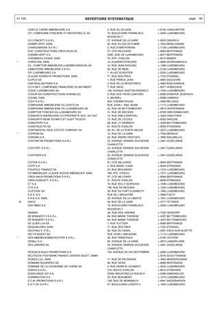 41.100                                          REPERTOIRE SYSTEMATIQUE                                       page   59


         CERCLE CARRE IMMOBILIERE S.A.                    3, RUE DU VILLAGE              L-6140 JUNGLINSTER
         CFI, COMPAGNIE FONCIERE ET INDUSTRIELLE SA       15, BOULEVARD FRANKLIN D.      L-2450 LUXEMBOURG
                                                          ROOSEVELT
         CG CONCEPT S.A R.L.                              37, AVENUE DE LA GARE          L-9233 DIEKIRCH
         CHAMP-VERT, SARL                                 62, RUE DU DIX OCTOBRE         L-7243 BERELDANGE
         CHARLEMAGNE S.A R.L.                             2, RUE D'AMSTERDAM             L-1126 LUXEMBOURG
         CHC, CONSTRUCTIONS CREA-HAUS SA                  57, CITE MILLEWEE              L-8064 BERTRANGE
         CHEMIN VERT S.A.                                 238C, RUE DE LUXEMBOURG        L-8077 BERTRANGE
         CHEMINEES CESAR, SARL                            74, RTE. D'ARLON               L-8210 MAMER
*        CHRISTIAN, SARL                                  14, DUARREFSTROOSS             L-9990 WEISWAMPACH
         CIL, COMPTOIR IMMOBILIER LUXEMBOURGEOIS SA       12, RUE JEAN ENGLING           L-1466 LUXEMBOURG
         CIMENTERIE IMMOBILIERE S.A R.L.                  63, RUE DE MERL                L-2146 LUXEMBOURG
         CIP LUXEMBOURG S.A.                              1, ALLEE SCHEFFER              L-2520 LUXEMBOURG
         CLAUDE KONRATH PROMOTIONS, SARL                  71, RUE DES PRES               L-7333 STEINSEL
         CLIPCO SA                                        1, RUE PRINCE JEAN             L-4463 SOLEUVRE
         CNR REALISATIONS S.A.                            3, RUE DE LA RESISTANCE        L-4942 BASCHARAGE
         CO.FI.BAT, COMPAGNIE FINANCIERE DU BATIMENT      7, RUE HIEHL                   L-8371 HOBSCHEID
         CODIC LUXEMBOURG SA                              146, AVENUE GASTON DIDERICH    L-1420 LUXEMBOURG
         CODUR SA (CONSTRUCTIONS DURABLES)                9, RUE DES TROIS CANTONS       L-8399 WINDHOF (KOERICH)
         COHAB, SARL                                      4, AM BRILL                    L-8356 GARNICH
         COLP S.A R.L.                                    62A, CHEMIN ROUGE              L-4480 BELVAUX
         COMPAGNIE IMMOBILIERE DU CENTS SA                RUE JOHN L. MAC ADAM           L-1113 LUXEMBOURG
         COMPAGNIE IMMOBILIERE DU LUXEMBOURG SA           43, RUE DE BETTEMBOURG         L-5810 HESPERANGE
         COMPTOIR FONCIER DU LUXEMBOURG SA                31, RUE DE WECKER              L-6795 GREVENMACHER
         CONSORTS ANDREOSSO CO-PROPRIETE SOC. DE FAIT     13, RUE EMILE BARTHEL          L-3330 CRAUTHEM
         CONSORTS RENE SCHMITZ ET GUST TEUSCH             13, RUE DE L'ECOLE             L-8352 DAHLEM
         CONSTROPI S.A.                                   48, RUE J-F KENNEDY            L-3249 BETTEMBOURG
         CONSTRUCTIO SA                                   61, ROUTE D'ARLON              L-8009 STRASSEN
         CONTINENTAL REAL ESTATE COMPANY SA               29, AV. DE LA PORTE-NEUVE      L-2227 LUXEMBOURG
*        COPROM SA                                        12, RUE DE LA GARE             L-7535 MERSCH
         COROMA S.A.                                      22, RUE ANDRE HENTGES          L-7680 WALDBILLIG
         COSTANTINI PROMOTIONS S.A R.L.                   23, AVENUE GRANDE-DUCHESSE     L-3441 DUDELANGE
                                                          CHARLOTTE
         COSTDIFF S.A R.L.                                23, AVENUE GRANDE-DUCHESSE     L-3441 DUDELANGE
                                                          CHARLOTTE
         COSTKIEM S.A.                                    23, AVENUE GRANDE-DUCHESSE     L-3441 DUDELANGE
                                                          CHARLOTTE
         COTHIS S.A R.L.                                  57, CITE MILLEWEE              L-8064 BERTRANGE
         COTP S.A.                                        2, RUE MARIE CURIE             L-8049 STRASSEN
         COUPOLE FINANCE SA                               23, RUE BEAUMONT               L-1219 LUXEMBOURG
         CR IMMOBILIER, CLAUDE RIZZON IMMOBILIER, SARL    188, RTE. D'ESCH               L-1471 LUXEMBOURG
         CREA HAUS PROMOTIONS S.A R.L.                    57, CITE MILLEWEE              L-8064 BERTRANGE
         CREA-CONCEPT, S.A R.L.                           51, ROUTE D'ARLON              L-8009 STRASSEN
         CT S.A.                                          10, RUE WILLY GOERGEN          L-1636 LUXEMBOURG
         CTG S.A.                                         196, RUE DE BEGGEN             L-1220 LUXEMBOURG
         CUSTODE SA                                       29, RUE DU FORT ELISABETH      L-1463 LUXEMBOURG
         D.E.S. S.A.                                      RUE DE L'INDUSTRIE             L-3895 FOETZ
         D.R.E.A.S. SARL                                  25, AVENUE DE LA LIBERTE       L-1931 LUXEMBOURG
    M    DACIC                                            34, RUE DE LA GARE             L-3771 TETANGE
         DAD IMMO S.A.                                    15, BOULEVARD FRANKLIN D.      L-2450 LUXEMBOURG
                                                          ROOSEVELT
         DAMIAN                                           3A, RUE DES JARDINS            L-7325 HEISDORF
         DE BONGERT II S.A R.L.                           64, RUE MARIE-THERESE          L-3257 BETTEMBOURG
         DE BONGERT S.A R.L.                              64, RUE MARIE-THERESE          L-3257 BETTEMBOURG
         DE VLIER LUX SA                                  1, RUE PLETZER                 L-8080 BERTRANGE
         DEKA-BILDINX, SARL                               71, RUE DES PRES               L-7333 STEINSEL
         DELPHAU S. A R.L.                                92, RUE DU CANAL               L-4051 ESCH-SUR-ALZETTE
         DELTA INVEST SA                                  RUE JOHN L MACADAM             L-1113 LUXEMBOURG
*        DEN IMMOBILIENMEESCHTER S.A R.L.                 28, RUE PRINCIPALE             L-9190 VICHTEN
         DENALI S.A.                                      84, AVENUE DE LA GARE          L-4873 LAMADELAINE
         DES JARDINS SA                                   23, AVENUE GRANDE-DUCHESSE     L-3441 DUDELANGE
                                                          CHARLOTTE
         DESIGN & BUILD PROMOTIONS S.A.                   154, AVENUE DU DIX SEPTEMBRE   L-2550 LUXEMBOURG
         DEUTSCHE POSTBANK FINANCE CENTER OBJET, GMBH                                    L-5370 SCHUTTRANGE
         DICKES LUC, SARL                                 11, RUE DE RECKANGE            L-3943 MONDERCANGE
         DOMAINE BOURWIES SA                              46, RUE DICKS                  L-8085 BERTRANGE
         DOMAINE DE LA COURONNE DE CHENE SA               4, RUE HENRI M. SCHNADT        L-2530 LUXEMBOURG
         DONYA S.A R.L.                                   210, ROUTE D'ARLON             L-8010 STRASSEN
         DUDELANGE 027 S.A.                               ZONE INDUSTRIELLE ROLACH       L-5280 SANDWEILER
         DURMINGTON S.A.                                  23, RUE BEAUMONT               L-1219 LUXEMBOURG
         E.C.M. PROMOTIONS S.A R.L.                       12B, RUE DE MUNSBACH           L-6941 NIEDERANVEN
         E.S.T.I.M. S.A R.L.                              47, BOULEVARD JOSEPH II        L-1840 LUXEMBOURG
 