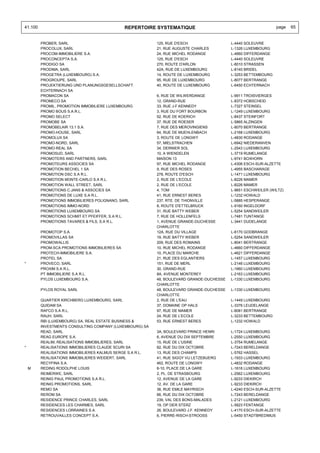 41.100                                         REPERTOIRE SYSTEMATIQUE                                          page   65


         PROBER, SARL                                      125, RUE D'ESCH                 L-4440 SOLEUVRE
         PROCOLUX, SARL                                    21, RUE AUGUSTE CHARLES         L-1326 LUXEMBOURG
         PROCOM-IMMOBILIERE S.A.                           24, RUE MICHEL RODANGE          L-4660 DIFFERDANGE
         PROCONCEPTA S.A.                                  125, RUE D'ESCH                 L-4440 SOLEUVRE
         PRODIGO SA                                        270, ROUTE D'ARLON              L-8010 STRASSEN
         PRODIMA, SARL                                     42A, RUE DE LUXEMBOURG          L-8140 BRIDEL
         PROGETRA (LUXEMBOURG) S.A.                        14, ROUTE DE LUXEMBOURG         L-3253 BETTEMBOURG
         PROGROUPE, SARL                                   95, RUE DE LUXEMBOURG           L-8077 BERTRANGE
         PROJEKTIERUNG UND PLANUNGSGESELLSCHAFT            40, ROUTE DE LUXEMBOURG         L-6450 ECHTERNACH
         ECHTERNACH SA
         PROMACON SA                                       6, RUE DE WILWERDANGE           L-9911 TROISVIERGES
         PROMECO SA                                        12, GRAND-RUE                   L-8372 HOBSCHEID
         PROMIL, PROMOTION IMMOBILIERE LUXEMBOURG          33, RUE J-F KENNEDY             L-7327 STEINSEL
         PROMO BOUS S.A.R.L.                               3, RUE DU FORT BOURBON          L-1249 LUXEMBOURG
         PROMO SELECT                                      52, RUE DE KOERICH              L-8437 STEINFORT
         PROMOBE SA                                        37, RUE DE ROESER               L-5865 ALZINGEN
         PROMOBELAIR 13.1 S.A.                             7, RUE DES MEROVINGIENS         L-8070 BERTRANGE
         PROMO-HOUSE, SARL                                 64, RUE DE MUEHLENBACH          L-2168 LUXEMBOURG
         PROMOLUX SA                                       3, ROUTE DE LONGWY              L-4830 RODANGE
         PROMO-NORD, SARL                                  57, MIELSTRACHEN                L-6942 NIEDERANVEN
         PROMO-REAL SA                                     34, DERNIER SOL                 L-2543 LUXEMBOURG
         PROMOSUD, SARL                                    10, A WIENDELEN                 L-3719 RUMELANGE
         PROMOTERS AND PARTNERS, SARL                      MAISON 13                       L-9741 BOXHORN
         PROMOTEURS ASSOCIES SA                            97, RUE MICHEL RODANGE          L-4306 ESCH-SUR-ALZETTE
         PROMOTION BECHEL 1 SA                             9, RUE DES ROSES                L-4955 BASCHARAGE
         PROMOTION DSC S.A R.L.                            278, ROUTE D'ESCH               L-1471 LUXEMBOURG
         PROMOTION MONTE-CARLO S.A R.L.                    2, RUE DE L'ECOLE               L-8226 MAMER
         PROMOTION WALL STREET, SARL                       2, RUE DE L'ECOLE               L-8226 MAMER
         PROMOTIONS C.JANS & ASSOCIES SA                   4, TOM                          L-9651 ESCHWEILER (WILTZ)
         PROMOTIONS DE LUXE S.A R.L.                       41, RUE ERNEST BERES            L-1232 HOWALD
         PROMOTIONS IMMOBILIERES POLIGNANO, SARL           237, RTE. DE THIONVILLE         L-5885 HESPERANGE
         PROMOTIONS IMMO-NORD                              8, ROUTE D'ETTELBRUCK           L-9160 INGELDORF
         PROMOTIONS LUXEMBOURG SA                          31, RUE BATTY WEBER             L-5254 SANDWEILER
         PROMOTIONS SCHMIT ET PFEIFFER, S.A R.L.           7, RUE DE HOLLENFELS            L-7481 TUNTANGE
         PROMOTIONS TAVARES & FILS, S.A R.L.               1, AVENUE GRANDE-DUCHESSE       L-3441 DUDELANGE
                                                           CHARLOTTE
         PROMOTOP S.A.                                     12A, RUE DU VILLAGE             L-6170 GODBRANGE
         PROMOVILLAS SA                                    19, RUE BATTY WEBER             L-5254 SANDWEILER
         PROMOWALLIS                                       209, RUE DES ROMAINS            L-8041 BERTRANGE
         PROM-SCA PROMOTIONS IMMOBILIERES SA               10, RUE MICHEL RODANGE          L-4660 DIFFERDANGE
         PROTECH-IMMOBILIERE S.A.                          10, PLACE DU MARCHE             L-4621 DIFFERDANGE
         PROTEL SA                                         21, RUE DES EGLANTIERS          L-1457 LUXEMBOURG
*        PROVECO, SARL                                     151, RUE DE MERL                L-2146 LUXEMBOURG
         PROXIM S.A R.L.                                   30, GRAND-RUE                   L-1660 LUXEMBOURG
         PT IMMOBILIERE S.A R.L.                           8A, AVENUE MONTEREY             L-2163 LUXEMBOURG
         PYLOS LUXEMBOURG S.A.                             48, BOULEVARD GRANDE-DUCHESSE   L-1330 LUXEMBOURG
                                                           CHARLOTTE
         PYLOS ROYAL SARL                                  48, BOULEVARD GRANDE-DUCHESSE   L-1330 LUXEMBOURG
                                                           CHARLOTTE
         QUARTIER KIRCHBERG LUXEMBOURG, SARL               2, RUE DE L'EAU                 L-1449 LUXEMBOURG
         QUIDAM SA                                         37, DOMAINE OP HALS             L-3376 LEUDELANGE
         RAFCO S.A R.L.                                    97, RUE DE MAMER                L-8081 BERTRANGE
         RAUH, SARL                                        24, RUE DE L'ECOLE              L-3233 BETTEMBOURG
         RBI (LUXEMBOURG) SA, REAL ESTATE BUSINESS &       53, RUE ERNEST BERES            L-1232 HOWALD
         INVESTMENTS CONSULTING COMPANY (LUXEMBOURG) SA
         READ, SARL                                        3A, BOULEVARD PRINCE HENRI      L-1724 LUXEMBOURG
         REAG EUROPE S.A.                                  6, AVENUE DU DIX SEPTEMBRE      L-2550 LUXEMBOURG
         REALIM, REALISATIONS IMMOBILIERES, SARL           15, RUE DE L'USINE              L-3754 RUMELANGE
*        REALISATIONS IMMOBILIERES CLAUDE SCURI SA         62, RUE DU DIX OCTOBRE          L-7243 BERELDANGE
         REALISATIONS IMMOBILIERES KALMUS SERGE S.A R.L.   13, RUE DES CHAMPS              L-5762 HASSEL
         REALISATIONS IMMOBILIERES WEIDERT, SARL           41, RUE SIGGY VU LETZEBUERG     L-1933 LUXEMBOURG
         RECYFINA S.A.                                     462, ROUTE DE LONGWY            L-4832 RODANGE
    M    REDING RODOLPHE LOUIS                             6-10, PLACE DE LA GARE          L-1616 LUXEMBOURG
         REIMERWE, SARL                                    2, PL. DE STRASBOURG            L-2562 LUXEMBOURG
         REINIG PAUL PROMOTIONS S.A R.L.                   12, AVENUE DE LA GARE           L-9233 DIEKIRCH
         REINIG PROMOTIONS, SARL                           12, AV. DE LA GARE              L-9233 DIEKIRCH
         REMO SA                                           36, RUE EMILE MAYRISCH          L-4240 ESCH-SUR-ALZETTE
         REROM SA                                          66, RUE DU DIX OCTOBRE          L-7243 BERELDANGE
         RESIDENCE PRINCE CHARLES, SARL                    239, VAL DES BONS-MALADES       L-2121 LUXEMBOURG
         RESIDENCES LES CHARMES, SARL                      19, OP DER STERZ                L-5823 FENTANGE
         RESIDENCES LORRAINES S.A.                         26, BOULEVARD J.F. KENNEDY      L-4170 ESCH-SUR-ALZETTE
         RETROUVAILLES CONCEPT S.A.                        6, PIERRE-RISCH-STROOSS         L-5450 STADTBREDIMUS
 