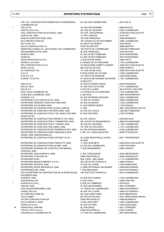 41.200                                        REPERTOIRE SYSTEMATIQUE                                              page   70


         CPE LUX., CONSTRUCTION PROMOTION ET ENGINEERING     50, RUE DES CHARRETIERS         L-9514 WILTZ
         LUXEMBOURG SA
*        CR2 S.A R.L.                                        1B, RUE DES ROMAINS             L-8284 KEHLEN
         CRISTOLUX S.A R.L.                                  234, RUE DE NEUDORF             L-2222 LUXEMBOURG
         CSG, CONSTRUCTIONS SILVA GENTIL, SARL               103, RTE. D'EHLERANGE           L-4108 ESCH-SUR-ALZETTE
         CURCI & CIE, SARL                                   1C, RTE. D'ARLON                L-8310 CAP
         DANLUX CONSTRUCTIONS, SARL                          162, RUE PRINCIPALE             L-5366 MUNSBACH
         DB CONSTRUCTIONS SA                                 154, AVENUE DU DIX SEPTEMBRE    L-2550 LUXEMBOURG
         DELTA BAT S.A.                                      54, ROUTE DE REMICH             L-5442 ROEDT
         DELUX CONSTRUCTION S.A.                             PORT DE MERTERT                 L-6688 MERTERT
         DEMATHIEU & BARD S.A., SUCCURSALE DE LUXEMBOURG     156, ROUTE DE LUXEMBOURG        L-3254 BETTEMBOURG
         DEN BAUMEESCHTER, SARL                              28, RUE PRINCIPALE              L-9190 VICHTEN
         DEXECO SARL                                         43, RUE DE BETTEMBOURG          L-5810 HESPERANGE
         DEXIM SA                                            43, RUE DE BETTEMBOURG          L-5810 HESPERANGE
         DOKA RENOVATION S.A R.L.                            3, RUE DES ARTISANS             L-3895 FOETZ
*        DRYBUD LUX S.AR.L.                                  8, AVENUE DE LA FAIENCERIE      L-1510 LUXEMBOURG
         DSV CONSTRUCTION S.A R.L.                           16, BOULEVARD HUBERT CLEMENT    L-4064 ESCH-SUR-ALZETTE
         DURO-LUX SA                                         80A, RUE DE KEHLEN              L-8295 KEISPELT
         DZ CONSTRUCT SA                                     173, RUE DE BELVAUX             L-4026 ESCH-SUR-ALZETTE
         E.G.C.P.                                            8, BOULEVARD DE LA FOIRE        L-1528 LUXEMBOURG
         E.GE.CO. S.A.                                       147, ROUTE DE BURANGE           L-3429 DUDELANGE
*        ECOMAT 3 S S.A R.L.                                 57, BOULEVARD GRANDE-DUCHESSE   L-1331 LUXEMBOURG
                                                             CHARLOTTE
         EDILCO SA                                           24, ROUTE D'ERPELDANGE          L-9518 WEIDINGEN
         EDILUX, SARL                                        37, RUE DES ETATS-UNIS          L-1477 LUXEMBOURG
*        EGLUX S.A.                                          2, RUE DE LA GARE               L-6910 ROODT-SUR-SYRE
         EIFEL-HAUS LUXEMBURG SA                             10, AVENUE DE LA FAIENCERIE     L-1510 LUXEMBOURG
         ELSEN-BAU LUXEMBURG, SARL                           2, AM HOCK                      L-9991 WEISWAMPACH
         ENAIRSOL S.A.                                       42, RUE RAYMOND POINCARE        L-2342 LUXEMBOURG
*        ENTREPRISE ALFIO SANTINI & FILS, SARL               15, RUE DU VERGER               L-2665 LUXEMBOURG
*        ENTREPRISE CARDOSO CONSTRUCTIONS SARL               46, RUE GLESENER                L-1630 LUXEMBOURG
         ENTREPRISE CLE EN MAIN, SARL                        41, RUE ERNEST BERES            L-1232 HOWALD
         ENTREPRISE DE CONSTRUCTION CLAUDE JANS SA           4, TOM                          L-9651 ESCHWEILER (WILTZ)
*        ENTREPRISE DE CONSTRUCTION ERPELDING, SARL          26, RUE DE L'ECOLE              L-3233 BETTEMBOURG
*        ENTREPRISE DE CONSTRUCTION ET DE GENIE CIVILE BEN   67, RUE DES PRES                L-7333 STEINSEL
         SCHOLTES SA
         ENTREPRISE DE CONSTRUCTION FRISONI ET CIE, SENC     26, RTE. D'ESCH                 L-4450 BELVAUX
         ENTREPRISE DE CONSTRUCTION G. PARMENTIER, SARL      45C, ROUTE DE WEISWAMPACH       L-9980 WILWERDANGE
         ENTREPRISE DE CONSTRUCTION G. THOMAS, SARL          26, RUE DE CESSANGE             L-1320 LUXEMBOURG
         ENTREPRISE DE CONSTRUCTION LEMOS, SARL              147, RUE DE HOLLERICH           L-1741 LUXEMBOURG
         ENTREPRISE DE CONSTRUCTIONS FERREIRA ELISIO, SARL   64, RUE DE MUEHLENBACH          L-2168 LUXEMBOURG
         ENTREPRISE DE CONSTRUCTIONS FRANCOIS & JEAN         2, IMP. AV. LUCIEN SALENTINY    L-9080 ETTELBRUCK
         AGNES, SARL UNIPERSONNELLE
         ENTREPRISE DE CONSTRUCTIONS GOFFINET S.A R.L.       2D, ZONE INDUSTRIELLE IN DEN    L-9911 TROISVIERGES
                                                             ALLERN
         ENTREPRISE DE CONSTRUCTIONS PARISOTTO, SARL         11, RUE LEON METZ               L-4238 ESCH-SUR-ALZETTE
         ENTREPRISE DE CONSTRUCTIONS SCHMIT, SARL            23, RUE DE LUXEMBOURG           L-7480 TUNTANGE
         ENTREPRISE GENERALE DE CONSTRUCTION MANUEL          1, RUE SANGENBERG               L-5850 HOWALD
         CARDOSO, SARL
         ENTREPRISE JEAN WAMPACH, SARL                       2, RUE TOSCHACKER               L-5435 OBERDONVEN
*        ENTREPRISE JP BECKER SA                             ZONE INDUSTRIELLE               L-5280 SANDWEILER
         ENTREPRISE KUHN                                     RUE JOHN L. MAC ADAM            L-1113 LUXEMBOURG
         ENTREPRISE MENDES AMERICO, S.A R.L.                 302, ROUTE DE THIONVILLE        L-5884 HOWALD
*        ENTREPRISE POECKES, SARL                            15, RUE DE L'USINE              L-3754 RUMELANGE
*        ENTREPRISE SERGE BRESSAGLIA, SARL                   2, ZONE ARTISANALE AM ZAEMER    L-4959 BASCHARAGE
*        ENTREPRISES NEU, SARL                               7, RUE BREILEKES                L-6415 ECHTERNACH
         EOS, ENTREPRISE DE CONSTRUCTION DE OLIVEIRA SOUSA   148, ROUTE DE THIONVILLE        L-2610 LUXEMBOURG
         EDOUARDO SARL
         EUROBAT, SARL                                       42, RUE DE CLAUSEN              L-1342 LUXEMBOURG
         EUROKOBUILD SA                                      3, RUE GOELL                    L-5326 CONTERN
*        EUROPILUX S.A R.L.                                  9, RUE DU COMMERCE              L-3616 KAYL
         FABLON, SARL                                        27, RUE DES ROMAINS             L-8041 STRASSEN
         FAHL BAUUNTERNEHMEN, SARL                           117, ROUTE DE LUXEMBOURG        L-6562 ECHTERNACH
         FANDEL BAU S.A.                                     36, RUE DE LA SURE              L-6484 ECHTERNACH
         FB CONSTRUCTIONS SA                                 40A, RUE ANDETHANA              L-6970 OBERANVEN
         FEILUX GMBH                                         2B, RUE DE ROLLING              L-5421 ERPELDANGE (BOUS)
         FELGEN CONSTRUCTIONS SA                             ZONE INDUSTRIELLE               L-5366 MUNSBACH
         FELIX GIORGETTI, SARL                               3, RUE JEAN PIRET               L-2350 LUXEMBOURG
         FERPALUX S.A R.L.                                   52, RUE DU PARC                 L-3542 DUDELANGE
    M    FISHER PAUL GRAHAM                                  25, HUELEWEE                    L-6211 CONSDORF
         FOR-SCI-TECH LUX S.A.                               ZONE INDUSTRIELLE               L-3378 LIVANGE
         FOUGEROLLE LUXEMBOURG SA                            177, RUE DE LUXEMBOURG          L-8077 BERTRANGE
 