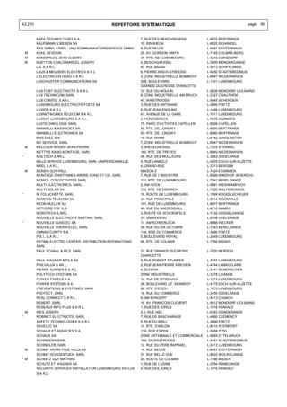 43.210                                        REPERTOIRE SYSTEMATIQUE                                                page   80


         KAPA TECHNOLOGIES S.A.                              7, RUE DES MEROVINGIENS          L-8070 BERTRANGE
         KAUFMANN & BIESEN SA                                10, RINNHECK                     L-8620 SCHANDEL
         KKS GMBH, KABEL- UND KOMMUNIKATIONSSERVICE GMBH     8, RUE NEUVE                     L-6467 ECHTERNACH
    M    KOHL SEVERIN                                        20, AV. GORDON SMITH             L-7740 COLMAR-BERG
    M    KONSBRUCK JEAN ALBERT                               45, RTE. DE LUXEMBOURG           L-6210 CONSDORF
    M    KUETTEN CARLO MARCEL JOSEPH                         2, BESCHGAESSEL                  L-3909 MONDERCANGE
         L2I, S.A R.L.                                       63, RUE BASSE                    L-3813 SCHIFFLANGE
         LAUX & MEURERS ELEKTRO S.A R.L.                     6, PIERRE-RISCH-STROOSS          L-5450 STADTBREDIMUS
         L'ELECTRICIEN HAAG S.A R.L.                         3, ZONE INDUSTRIELLE BOMBICHT    L-6947 NIEDERANVEN
         LUSCHUSTER COMMUNICATIONS SA                        29B, BOULEVARD                   L-1331 LUXEMBOURG
                                                             GRANDE-DUCHESSE CHARLOTTE
         LUX FORT ELECTRICITE S.A R.L.                       37, RUE DU MOULIN                L-5638 MONDORF-LES-BAINS
         LUX TECHNICOM, SARL                                 8, ZONE INDUSTRIELLE AM BRUCH    L-3327 CRAUTHEM
         LUX-COMTEL S.AR.L.                                  47, WAISTROOSS                   L-5445 SCHENGEN
         LUXEMBOURG ELECTRICITE FOETZ SA                     3, RUE DES ARTISANS              L-3895 FOETZ
         LUXION S.A R.L.                                     6, RUE JEAN ENGLING              L-1466 LUXEMBOURG
         LUXNETWORKS TELECOM S.A R.L.                        61, AVENUE DE LA GARE            L-1611 LUXEMBOURG
         LUXSAT LUXEMBOURG S.A R.L.                          2, HONDSBRECK                    L-5835 ALZINGEN
         LUXTECHNOLOGIE SARL                                 75, PARC D'ACTIVITES CAPELLEN    L-8308 CAPELLEN
         MANNELLI & ASSOCIES SA                              50, RTE. DE LONGWY               L-8080 BERTRANGE
         MANNELLI ELECTRONICS SA                             50, RTE. DE LONGWY               L-8080 BERTRANGE
         MAS ELEC S.A.                                       14, RUE RHAM                     L-6142 JUNGLINSTER
         MC SERVICE, SARL                                    7, ZONE INDUSTRIELLE BOMBICHT    L-6947 NIEDERANVEN
    M    MELCHER ROGER JEAN-PIERRE                           3, WIESEGAESSEL                  L-7333 STEINSEL
         METTY'S KABELMONTAGE, SARL                          162, RTE. DE TREVES              L-6940 NIEDERANVEN
*        MGLTECH S.AR.L.                                     48, RUE DES MOULEURS             L-3583 DUDELANGE
         MILLE-SERVICE LUXEMBOURG, SARL UNIPERSONNELLE       5, RUE LANKELZ                   L-4205 ESCH-SUR-ALZETTE
         MKEL S.A R.L.                                       4, GRAND-RUE                     L-3313 BERGEM
    M    MONEN GUY PAUL                                      MAISON 5                         L-7424 ESSINGEN
         MONTAGE D'ANTENNES ANDRE KONZ ET CIE, SARL          7, RUE DE L'INDUSTRIE            L-8399 WINDHOF (KOERICH)
         MOWO - COLLECTIVITES SARL                           111, RTE. DE LUXEMBOURG          L-7241 BERELDANGE
         MULTI ELECTRONICS, SARL                             2, AM HOCK                       L-9991 WEISWAMPACH
         MULTI-SOLAR SA                                      133, RTE. DE DIEKIRCH            L-7220 WALFERDANGE
*        N. FOLSCHETTE, SARL                                 16, ROUTE DE LUXEMBOURG          L-1899 KOCKELSCHEUER
         NEMESIS TELECOM SA                                  34, RUE PRINCIPALE               L-8814 BIGONVILLE
         NEON MULLER SA                                      191, RUE DE LUXEMBOURG           L-8077 BERTRANGE
         NETCORE PSF S.A.                                    49, RUE DU BAERENDALL            L-8212 MAMER
         NOROTECH S.AR.L.                                    3, ROUTE DE SCHOENFELS           L-7432 GOSSELDANGE
         NOUVELLE ELECTRICITE BASTIAN, SARL                  37, UM REEBOU                    L-8708 USELDANGE
*        NOUVELLE LUXELEC SA                                 17, AM SCHEERLECK                L-6868 WECKER
         NOUVELLE THERM-ELEC, SARL                           59, RUE DU DIX OCTOBRE           L-7243 BERELDANGE
         OMNISECURITY S.A.                                   11A, RUE DU COMMERCE             L-3895 FOETZ
         P.S.I., S.A R.L.                                    5, BOULEVARD ROYAL               L-2449 LUXEMBOURG
         PATIMA ELECTRO CENTER, DISTRIBUTION-REPARATIONS,    66, RTE. DE COLMAR               L-7766 BISSEN
         SARL
         PAUL SCHAAL & FILS, SARL                            22, RUE GRANDE-DUCHESSE          L-7520 MERSCH
                                                             CHARLOTTE
         PAUL WAGNER & FILS SA                               9, RUE ROBERT STUMPER            L-2557 LUXEMBOURG
         PHILVALUX S.AR.L.                                   2, RUE JEAN-PIERRE KIRCHEN       L-4744 LAMADELAINE
         PIERRE SUNNEN S.A R.L.                              8, SCHENK                        L-5441 REMERSCHEN
         POLYTECH SYSTEMS SA                                 ZONE INDUSTRIELLE                L-3378 LIVANGE
         POWER PANELS S.A.                                   12, RUE DE BITBOURG              L-1273 LUXEMBOURG
         POWER SYSTEMS S.A.                                  26, BOULEVARD J.F. KENNEDY       L-4170 ESCH-SUR-ALZETTE
         PREVENTIONS & SYSTEMES, SARL                        66, RTE. D'ESCH                  L-1470 LUXEMBOURG
         PROTECT, SARL                                       16, RUE DU COMMERCE              L-3450 DUDELANGE
         REAL CONNECT S.A R.L.                               8, AM BONGERT                    L-5413 CANACH
         RENERT, SARL                                        16, AV. FRANCOIS CLEMENT         L-5612 MONDORF-LES-BAINS
         RESEAUX INFO PLUS S.A R.L.                          1, RUE DES JONCS                 L-1818 HOWALD
    M    RIES JOSEPH                                         2-4, RUE HIEL                    L-6183 GONDERANGE
*        ROBINET ELECTRICITE, SARL                           7, RUE DE BASCHARAGE             L-4960 CLEMENCY
         SAFETY TECHNOLOGIES S.A R.L.                        5, RUE DU BRILL                  L-3898 FOETZ
         SAVELEC SA                                          14, RTE. D'ARLON                 L-8410 STEINFORT
         SCHAUS ET ASSOCIES S.A.                             11A, RUE ESPEN                   L-5958 ITZIG
         SCHAUS SA                                           ZONE ARTISANALE ET COMMERCIALE   L-9085 ETTELBRUCK
         SCHINDERA SARL                                      18A, DICKSSTROOSS                L-5451 STADTBREDIMUS
         SCHINDLER, SARL                                     12, RUE DU PERE RAPHAEL          L-2413 LUXEMBOURG
    M    SCHMIT HENRI PAUL NICOLAS                           15, RUE NEUVE                    L-6467 ECHTERNACH
         SCHMIT-SCHOENTGEN, SARL                             31, RUE BELLE-VUE                L-8833 WOLWELANGE
* M      SCHMITZ GUY MATHIAS                                 24, ROUTE DE COLMAR              L-7766 BISSEN
         SCHUTZ ET WAGNER SA                                 1, RUE DE L'USINE                L-3754 RUMELANGE
         SECURITE SERVICES INSTALLATION LUXEMBOURG SSI LUX   4, RUE DES JONCS                 L-1818 HOWALD
         S.A R.L.
 