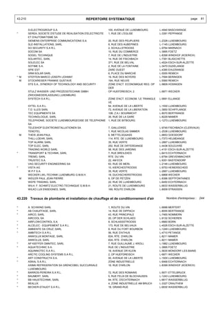 43.210                                          REPERTOIRE SYSTEMATIQUE                                                 page    81


         S-ELECTROGROUP S.A.                                   100, AVENUE DE LUXEMBOURG          L-4940 BASCHARAGE
*        SEREA, SOCIETE D'ETUDE DE REALISATION D'ELECTRICITE   1, RUE DE L'EGLISE                 L-3391 PEPPANGE
         ET D'AUTOMATISME SA
         SIEMENS ENTERPRISE COMMUNICATIONS S.A.                20, RUE DES PEUPLIERS              L-2328 LUXEMBOURG
         SLE-INSTALLATIONS, SARL                               8, RUE DES AUBEPINES               L-1145 LUXEMBOURG
         SO SECURITY S.A R.L.                                  2, SCHULLSTROOSS                   L-9764 MARNACH
         SOCOM SA                                              10, RUE DU COMMERCE                L-3895 FOETZ
         SOGEL TECHNIQUE                                       7, RUE DE L'INDUSTRIE              L-8399 WINDHOF (KOERICH)
         SOLARTEC, SARL                                        14, RUE DE FISCHBACH               L-7391 BLASCHETTE
         SOLELEC SA                                            371, RUE DE BELVAL                 L-4024 ESCH-SUR-ALZETTE
         SOTIME S.A.                                           2, RUE DE LA FONTAINE              L-3470 DUDELANGE
         SPIE EST                                              ZARE OUEST                         L-4385 EHLERANGE
         SRM-SOLAR SARL                                        6, PLACE DU MARCHE                 L-5555 REMICH
* M      STEFFEN MARCO JOSEPH JOHNNY                           19, RUE DES NOYERS                 L-7594 BERINGEN
  M      STOCKREISER FRANKIE GUSTAVE                           19A, RUE NEUVE                     L-5560 REMICH
         STS S.A., SYNERGY OF TECHNOLOGY AND SECURITY          ZONE D'ACT. ECONOMIQUE REG. OP     L-9809 HOSINGEN
                                                               DER
         STULZ WASSER- UND PROZESSTECHNIK GMBH                 OP HUEFDREISCH, 2                  L-6871 WECKER
         ZWEIGNIEDERLASSUNG LUXEMBURG
         SYSTECH S.A R.L.                                      ZONE D'ACT. ECONOM. 'LE TRIANGLE   L-5691 ELLANGE
                                                               VE
         SYTEL S.A R.L.                                        64, AVENUE DE LA LIBERTE           L-1930 LUXEMBOURG
         T.D. ILLES SARL                                       72, AVENUE DE LA LIBERATION        L-3850 SCHIFFLANGE
         TEC EQUIPMENTS SA                                     10B, Z.A.I. BOURMICHT              L-8070 BERTRANGE
         TECHNOLOGUE, SARL                                     35, RUE DE LA GARE                 L-8229 MAMER
         TELEPHONIE, SOCIETE LUXEMBOURGEOISE DE TELEPHONIE     1, RUE DE BITBOURG                 L-1273 LUXEMBOURG
         SA
         TELESHOP ELEKTROINSTALLATIONEN SA                     7, GIALLEWEE                       L-9749 FISCHBACH (CLERVAUX)
         TENOTEL                                               1, RUE NICOLAS SIMMER              L-2538 LUXEMBOURG
    M    THEIS JEAN-PAUL                                       6, METTELSGAASS                    L-9653 GOESDORF
         THILL-LOEHR, SARL                                     114, RTE. DE LUXEMBOURG            L-7373 HELMDANGE
         TOP ALARM, SARL                                       35, RUE VERTE                      L-2667 LUXEMBOURG
         TOP ELEC, SARL                                        252, RUE DE DIFFERDANGE            L-4438 SOLEUVRE
         TRADING WORLD SARL                                    58, RUE DES JARDINS                L-4151 ESCH-SUR-ALZETTE
*        TRANSPORT & TECHNIK, SARL                             7, RUE BREILEKES                   L-6415 ECHTERNACH
         TREMO, SARL                                           RTE. DU VIN                        L-6794 GREVENMACHER
         TRUSTEC S.A.                                          22, AM ECK                         L-9351 BASTENDORF
         VAG SECURITY ENGINEERING SA                           63, RUE DE MERL                    L-2146 LUXEMBOURG
*        VISTA AG                                              10, KIERCHESTROOSS                 L-9753 HEINERSCHEID
         W.P.F S.A.                                            35, RUE VERTE                      L-2667 LUXEMBOURG
         WECKER LWL-TECHNIK LUXEMBURG G.M.B.H.                 18, DUCHSCHERSTROOSS               L-6868 WECKER
    M    WEILER PAUL JEAN PIERRE                               9, OP DE PETZEN                    L-8396 SEPTFONTAINES
         WEPE TRADING, SARL                                    22, RUE DE LUXEMBOURG              L-6450 ECHTERNACH
         WILH. F. SCHMITZ ELECTRO TECHNIQUE G.M.B.H.           21, ROUTE DE LUXEMBOURG            L-6633 WASSERBILLIG
         WILKO LUX ENSEIGNES, SARL                             169, ROUTE D'ARLON                 L-8009 STRASSEN


43.220 Travaux de plomberie et installation de chauffage et de conditionnement d'air                  Nombre d'entreprises : 244


*        A. SCHWIND SARL                                       1, ROUTE DU VIN                    L-6688 MERTERT
*        AB CHAUFFAGE, SARL                                    14, RUE DE DIPPACH                 L-8055 BERTRANGE
*        AIRCO, SARL                                           43, RUE PRINCIPALE                 L-7465 NOMMERN
         AIRCOOL SA                                            20, OP DER SCHLAED                 L-9132 SCHIEREN
*        AIRFLOWCONTROL S.A.                                   8, SCHLASSSTROOSS                  L-6660 BORN
*        ALCELEC - EQUIPEMENT S.A R.L.                         173, RUE DE BELVAUX                L-4026 ESCH-SUR-ALZETTE
*        AMBIENTE DA CRUZ, SARL                                8, RUE DU FORT BOURBON             L-1249 LUXEMBOURG
*        AMBITECH S.A R.L.                                     56, RUE D'ATHUS                    L-4710 PETANGE
         ANWOLUX MONTAGE, SARL                                 83A, RTE. D'ARLON                  L-8211 MAMER
         ANWOLUX, SARL                                         83A, RTE. D'ARLON                  L-8211 MAMER
*        AP KIEFFER OMNITEC, SARL                              7, RUE GUILLAUME J. KROLL          L-1882 LUXEMBOURG
*        AQUATECHNIC S.A.                                      RUE DE L'INDUSTRIE                 L-3895 FOETZ
         AQUINNOTEC S.A R.L.                                   18, AVENUE DR KLEIN                L-5630 MONDORF-LES-BAINS
         ARCTIC COOLING SYSTEMS S.A R.L.                       2, OP HUEFDREISCH                  L-6871 WECKER
*        ART CONSTRUCTA S.A.                                   50, AVENUE DE LA LIBERTE           L-1930 LUXEMBOURG
*        ASKAL S.A.R.L.                                        ZONE INDUSTRIELLE                  L-6468 ECHTERNACH
         AXIMA REFRIGERATION SA GRENCOBEL SUCCURSALE           16, RUE D'ARLON                    L-8399 WINDHOF (KOERICH)
         LUXEMBOURG
*        BARROS-PEREIRA S.A R.L.                               72, RUE DES ROMAINS                L-9071 ETTELBRUCK
*        BAUMERT, SARL                                         5, RUE FELIX DE BLOCHAUSEN         L-1243 LUXEMBOURG
*        BB HAUSTECHNIK, SARL                                  64, RTE. D'ECHTERNACH              L-6617 WASSERBILLIG
*        BEALUX                                                4, ZONE INDUSTRIELLE AM BRUCH      L-3327 CRAUTHEM
*        BECKER-STAUDT S.A R.L.                                18, GRAND-RUE                      L-6630 WASSERBILLIG
 