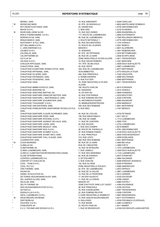 43.220                                         REPERTOIRE SYSTEMATIQUE                                              page    82


         BERKEL, SARL                                         19, RUE HIREKNAPP                 L-8326 CAPELLEN
* M      BESSELING MARC                                       30, RTE. DE BIGONVILLE            L-8832 MARTELANGE-ROMBACH
*        BHT DIENSTLEISTUNGS, SARL                            25, GRAND-RUE                     L-6730 GREVENMACHER
         BIHOR S.A R.L.                                       3, NEIE WEE                       L-9132 SCHIEREN
    M    BOHR KARL-HEINZ ALOIS                                16, RUE DES VIGNES                L-6650 WASSERBILLIG
         BON-A-THERM-KAMINE- S.A R.L.                         117, ROUTE DE LUXEMBOURG          L-6562 ECHTERNACH
*        BOREIKO & CIE, SARL                                  58, RUE DE LUXEMBOURG             L-7540 ROLLINGEN (MERSCH)
*        BRAUN MARCO, SARL                                    2, ROUTE NATIONALE 1              L-6776 GREVENMACHER
*        BUFFADINI P. & FILS, SARL                            65, RUE DES BRUYERES              L-1274 HOWALD
*        BVT BELLMANN S.A R.L.                                16, ROUTE DE L'EUROPE             L-5531 REMICH
*        C. JANS ENERGIES S.A.                                MAISON 3                          L-9631 ALLERBORN
*        CALMES S.A R.L.                                      10, WISSWEE                       L-5441 REMERSCHEN
*        CALORILUX, SARL                                      63, RTE. DE PEPPANGE              L-3270 BETTEMBOURG
         CALORITHERME SA                                      38, RUE DE LA GARE                L-3839 SCHIFFLANGE
         CE-FLUX SA                                           ZONE INDSUTRIELLE IN DEN ALLERN   L-9911 TROISVIERGES
*        CELSIUS S.A R.L.                                     19, RUE OSCAR ROMERO              L-3321 BERCHEM
         CHALEUR APPLIQUEE, SARL                              101, RTE. DE BELVAUX              L-4026 ESCH-SUR-ALZETTE
         CHAUD-FROID, SARL                                    35, RUE VERTE                     L-2667 LUXEMBOURG
*        CHAUFFAGE & SANITAIRE HEINEN STEVE, SARL             32A, RUE DE LUXEMBOURG            L-8077 BERTRANGE
*        CHAUFFAGE ARTISANAL, SARL                            SCHLAMMESTEE                      L-5773 WEILER-LA-TOUR
         CHAUFFAGE DU NORD, SARL                              45A, RUE PRINCIPALE               L-7420 CRUCHTEN
*        CHAUFFAGE ENTRINGER, SARL                            9, REIMECHERWEE                   L-5698 WELFRANGE
*        CHAUFFAGE FEDERSPIEL, SARL                           9, RUE PLETZER                    L-8080 BERTRANGE
*        CHAUFFAGE HAAS                                       18, ZONE INDUSTRIELLE IN DEN      L-9911 TROISVIERGES
                                                              ALLERN
         CHAUFFAGE MIMMO & ROCCO, SARL                        160, ROUTE D'ARLON                L-8010 STRASSEN
*        CHAUFFAGE MODERNE SA                                 40, RANGWEE                       L-2412 HOWALD
         CHAUFFAGE SANITAIRE BARTHEL SA                       16, OP DER HEI                    L-9809 HOSINGEN
*        CHAUFFAGE SANITAIRE FRANCOIS KIEFFER, SARL           32, RUE D'OETRANGE                L-5333 MOUTFORT
*        CHAUFFAGE SANITAIRE L. MASTRANGELO, SARL             12, RUE EDMOND REUTER             L-5326 CONTERN
*        CHAUFFAGE SANITAIRE SCHUMACHER, SARL                 19, AM ENNESCHTDUERF              L-9662 KAUNDORF
*        CHAUFFAGE THOUSSAINT S.A.R.L.                        19, MARBUERGERSTROOSS             L-9764 MARNACH
*        CHAUFFAGE VAN KASTEREN, SARL                         209, RUE DES ROMAINS              L-8041 BERTRANGE
         CHAUFFAGE-FERBLANTERIE-SANITAIRENE PECKELS & FILS,   8, RUE MIES                       L-7557 MERSCH
         SARL
*        CHAUFFAGE-SANITAIRE CLAUDE SCHREIBER, SARL           54, RUE DE L'EGLISE               L-4732 PETANGE
*        CHAUFFAGE-SANITAIRE FERID, SARL                      108, RUE ANESCHBACH               L-9511 WILTZ
*        CHAUFFAGE-SANITAIRE INTEGRAL S.A R.L.                106, RUE DE HAMM                  L-1713 LUXEMBOURG
*        CHAUFFAGE-SANITAIRE JEANNOT DELVAUX, SARL            11, RUE DE CONTERN                L-5955 ITZIG
*        CHAUFFAGE-SANITAIRE LAERA, SARL                      40, RUE WILSON                    L-2732 LUXEMBOURG
*        CHAUFFAGE-SANITAIRE MAUDUIT, SARL                    1, RUE DES CHAMPS                 L-8218 MAMER
*        CHAUFFAGE-SANITAIRE RICK S.A R.L.                    26, ROUTE DE THIONVILLE           L-6791 GREVENMACHER
*        CHAUFFAGE-SANITAIRE SCHMIDT S.A R.L.                 37, RUE ROMAIN FANDEL             L-4149 ESCH-SUR-ALZETTE
*        CHAUFFAGE-SANITAIRE SCHMIT NICO, SARL                31, RUE PRINCIPALE                L-9835 HOSCHEIDERDICKT
*        CHAUFFAGE-SANITAIRE THILL CLAUDE, SARL               31A, RUE LENTZ                    L-3509 DUDELANGE
*        CLEARWATER, SARL                                     209, RUE DES ROMAINS              L-8041 BERTRANGE
* M      CLEES BERNARD                                        58, RUE DE LA GARE                L-4460 BELVAUX
*        CLIMALUX SA                                          RUE DE L'INDUSTRIE                L-3895 FOETZ
*        CLIMATHERME SA                                       19, RUE DE BITBOURG               L-1273 LUXEMBOURG
         CLIMAX LUXEMBOURG, SARL                              7, RUE LANKELZ                    L-4205 ESCH-SUR-ALZETTE
         CLIRECO, CLIMATISATION-REFRIGERATION-COSARL          17, RUE DES ARDENNES              L-1133 LUXEMBOURG
         CLOSE INTERNATIONAL                                  62, RUE DE KOERICH                L-8437 STEINFORT
         CODIFROI LUXEMBOURG S.A.                             3, OP D'SCHMETT                   L-9964 HULDANGE
         CONFORT ET CHALEUR SA                                3, RUE D'ARLON                    L-8399 WINDHOF (KOERICH)
*        COOL - TEAM S.A R.L.                                 102, RUE DU KIEM                  L-8030 STRASSEN
*        COOL-TEC S.A.                                        ZONE INDUSTRIELLE ROLACH          L-5280 SANDWEILER
*        CRS-THERMIC, SARL                                    44, RTE. DE LUXEMBOURG            L-4972 DIPPACH
         DALKIA SA                                            52, RUE DE LA VALLEE              L-2661 LUXEMBOURG
*        DANIEL SCHLECHTER SA                                 12, RUE DE LA FRONTIERE           L-9412 VIANDEN
*        DE FEINEN HEIZUNGSKNECHLER, SARL                     17, AN DER HUUSCHT                L-9150 ESCHDORF
*        DEL GUERZO ALCIDE, SARL                              11, RUE DE LA CHIERS              L-4796 LINGER
*        DELICLIM, SARL                                       MAISON 107                        L-9960 HOFFELT
*        DELTA THERMIC SA                                     ZONE D'ACTIVITE ZARE ILOT OUEST   L-4384 EHLERANGE
*        DEN HEIZUNGSMEESCHTER S.A R.L.                       28, RUE PRINCIPALE                L-9190 VICHTEN
         DETEM S.A.                                           76, RUE D'ASSELBORN               L-9907 TROISVIERGES
*        DEWALD-LUX S.A R.L.                                  22, RUE EDMOND REUTER             L-5326 CONTERN
*        DIEHL LUXEMBURG S.A R.L.                             3, ZONE INDUSTRIELLE BOMBICHT     L-6947 NIEDERANVEN
    M    DIESCHBOURG RAYMOND                                  15, RUE HAALER BUURCHMAUER        L-6417 ECHTERNACH
*        DIRITHERM AG                                         9, GIALLEWEE                      L-9749 FISCHBACH (CLERVAUX)
*        DUVIVIER, S.A R.L.                                   14, RUE BASSE                     L-4963 CLEMENCY
         DYNEUROPE SA                                         53, ROUTE D'ARLON                 L-8211 MAMER
*        E.C.C. TECHNIK UND DESIGN S.A R.L.                   1, RUE DE BEIDWEILER              L-6169 ESCHWEILER (JUNGLINSTER)
 