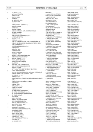 43.320                                      REPERTOIRE SYSTEMATIQUE                                           page   88


*        A.T.M. LUX S.A R.L.                             MAISON 17                       L-9952 DRINKLANGE
         A2R HABITAT S.A R.L.                            8, BOULEVARD DE LA FOIRE        L-1528 LUXEMBOURG
         ACEER S.A R.L.                                  62, ROUTE DE LUXEMBOURG         L-4760 PETANGE
         ACHTEN, GMBH                                    1, ROUTE DU VIN                 L-5447 SCHWEBSANGE
*        ACTIPOSE                                        39, RUE DE HELLANGE             L-3487 DUDELANGE
         AD MEGATEC, SPRL                                55, ROUTE D'ARLON               L-8410 STEINFORT
         ALUTECH, SARL                                   ZONE INDUSTRIELLE               L-4149 ESCH-SUR-ALZETTE
                                                         ESCH-SCHIFFLANGE
         AMENAGEMENT INTERIEUR SA                        2, RUE JULIEN VESQUE            L-2668 LUXEMBOURG
         ANNEN PLUS S.A.                                 SCHORENSHAFF                    L-6850 MANTERNACH
         ANNEN S.A.                                      ROUTE DE SCHORENSHOF            L-6850 MANTERNACH
         ARDENA PGMBH                                    24, KIRICHENECK                 L-9990 WEISWAMPACH
*        ARMAND STRANEN, SARL UNIPERSONNELLE             52, GRAND-RUE                   L-9905 TROISVIERGES
*        ART & BOIS S.A R.L.                             ZONE INDUSTRIELLE ROLACH        L-5280 SANDWEILER
         ARTIRADO S.A R.L.                               10, RUE DES PROMENADES          L-5973 ITZIG
         ASEI EVENTS LUXEMBURG S.A R.L.                  84, GRAND-RUE                   L-6630 WASSERBILLIG
         AT.VERANDA S.A R.L.                             7, RUE JEAN-BAPTISTE GELLE      L-1620 LUXEMBOURG
*        ATC LUX S.A R.L.                                5, RUE DE L'INDUSTRIE           L-1811 LUXEMBOURG
         ATDESIGN S.A R.L.                               37, RUE ROMAIN FANDEL           L-4149 ESCH-SUR-ALZETTE
         ATELIER CLAUDE WILLEMS, SARL UNIPERSONNELLE     118, RUE DE BETTEMBOURG         L-5811 FENTANGE
         ATELIER DE MENUISERIE HEUSBOURG FRERES SECS     MAISON 31                       L-9641 BRACHTENBACH
         ATELIERS MINIFLAT S.A.                          45, AVENUE J-F KENNEDY          L-9053 ETTELBRUCK
         B.C.R.D. LUXEMBOURG S.A R.L.                    9, RUE DES TROIS CANTONS        L-8399 WINDHOF (KOERICH)
         BABYWORLD                                       44, RUE DU COMMERCE             L-3450 DUDELANGE
         BAMOLUX, SARL                                   5, RUE DE L'AVENIR              L-3895 FOETZ
         BATIRAM S.A R.L.                                12, Z. I. UM WOELLER            L-4410 SOLEUVRE
         BATISYSTEM, SARL                                9, RUE DES TROIS CANTONS        L-8399 WINDHOF (KOERICH)
         BAUMESS, GMBH                                   12, RUE DU NEUF SEPTEMBRE       L-4995 SCHOUWEILER
         BECKER ET FILS, SARL FAMILIALE                  15, RUE MAXIMILIEN              L-6463 ECHTERNACH
    M    BEEKHOVEN WILLEM GERRIT                         1, A GEESSWENKEL                L-9747 ENSCHERANGE
         BERTHA THIERRY S.A R.L.                         2, RUE DE DRINKLANGE            L-9911 TROISVIERGES
    M    BINCK JOSEPH CAMILLE                            5, RUE DE CAPELLEN              L-8279 HOLZEM
         BINSFELD & BINTENER SA                          ZONE INDUSTRIELLE               L-8287 KEHLEN
         BLU S.A R.L.                                    340, RUE DE ROLLINGERGRUND      L-2442 LUXEMBOURG
    M    BOILLAUD JEAN CLAUDE LUCIEN                     6A, RUE DE CRAUTHEM             L-3334 HELLANGE
         BOIS CONCEPT RD LUXEMBOURG                      9, RUE DES TROIS CANTONS        L-8399 WINDHOF (KOERICH)
         BREVER M., SARL                                 6, RUE DE WILWERDANGE           L-9911 TROISVIERGES
         C.P.F., COMPTOIR DES PORTES ET FENETRES         545, ROUTE DE LONGWY            L-4832 RODANGE
*        CARTE BLANCHE S.A R.L.                          5, KAABESBIERG                  L-5741 FILSDORF
*        CENTRE FUNERAIRE DU NORD, SARL UNIPERSONNELLE   9, ESPLANADE                    L-9227 DIEKIRCH
         CENTRE-FERMETURE-BATIMENT, SARL                 37, RUE DE BEGGEN               L-1221 LUXEMBOURG
         CG ATELIER S.A R.L.                             7, RUE DE L'EGLISE              L-9650 ESCH-SUR-SURE
         CHREMALUX SA                                    14, CHEMIN DES DOUANIERS        L-9647 DONCOLS
         CHRISTIAN EWEN STUDIO FUR MODERNE BAUELEMENTE   9, RUE NEUVE                    L-6581 ROSPORT
         SARL
*        CHRISTOPHE DE SCHRAINER S. A R.L.               29, RUE EMMANUEL SERVAIS        L-7565 MERSCH
         CLESTRA SA                                      39, VAL ST. ANDRE               L-1128 LUXEMBOURG
         COLJON, SARL                                    69, RUE DE HOBSCHEID            L-8422 STEINFORT
         COPLANING S.A R.L.                              1, RUE NICOLAS GLESENER         L-6131 JUNGLINSTER
*        CREATIVE-BAU SA                                 10, RUE WILLY GOERGEN           L-1636 LUXEMBOURG
         D.G. LUX S.A R.L.                               116, RUE DE BELVAUX             L-4026 ESCH-SUR-ALZETTE
         DB-MONTAGESERVICE S.A R.L.                      27, RUE ERMESINDE               L-6437 ECHTERNACH
         DE NARDA LUXEMBOURG S.A R.L.                    28, BEETEBUERGERSTROOSS         L-3333 HELLANGE
         DE SCHIFFLENGER SCHREINER, SARL                 34, RUE DU MOULIN               L-3857 SCHIFFLANGE
    M    DE SOUSA MANUEL                                 47, RUE ALOYSE KAYSER           L-4743 PETANGE
         DECORAMA                                        69, PARC D'ACTIVITES CAPELLEN   L-8308 CAPELLEN
         DELTA MONTAGE                                   9, RUE DES TROIS CANTONS        L-8399 WINDHOF (KOERICH)
         DEMAGIL MENUISERIE, SARL                        16, Z.I. RIESENHOF              L-8821 KOETSCHETTE
         DEN HOLZMECHEL S.A R.L.                         11, RUE DE KAUTENBACH           L-9831 CONSTHUM
         DEN HOLZMEESCHTER S.A R.L.                      28, RUE PRINCIPALE              L-9190 VICHTEN
*        DEN HOLZSPIECHT, SARL                           14, RUE DE LIMPACH              L-3932 MONDERCANGE
         DEN HOLZWUERM                                   48, CITE KIIRCHBIERG            L-3733 RUMELANGE
*        DEPAN' BAT LUX S.A R.L.                         2B, RUE NIC CONRADY             L-3552 DUDELANGE
         DER MONTAGE SCHREINER S.A R.L.                  105, ROUTE DE LUXEMBOURG        L-6562 ECHTERNACH
         DESIGN METAL SA                                 57, AV. DE LA FAIENCERIE        L-1510 LUXEMBOURG
         DG FENSTER SARL                                 16, RUE DE BELVAUX              L-4025 ESCH-SUR-ALZETTE
         DRAUTZBURG, SARL                                27, RUE ERMESINDE               L-6437 ECHTERNACH
         DSD LUXEMBOURG SA                               10, RUE DE L'AVENIR             L-3895 FOETZ
*        D'WIERKSTAT, SARL                               10, RUE DE CONTERN              L-5955 ITZIG
         ECM, EURO CONCEPT MAG SA                        3, RUE DU FOSSE                 L-4123 ESCH-SUR-ALZETTE
         ECOLOGIS SA                                     3, MARBUERGERSTROOSS            L-9764 MARNACH
*        ED. COMES, SARL                                 12, RTE. DE LUXEMBOURG          L-6130 JUNGLINSTER
 