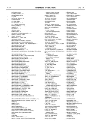 43.320                                         REPERTOIRE SYSTEMATIQUE                                            page   90


         LUX-GROS S.A R.L.                                 7, RUE DE CLAIREFONTAINE          L-8460 EISCHEN
         LUXMENUISERIE S.A R.L.                            3, RUE DU FORT BOURBON            L-1249 LUXEMBOURG
         LUXMETALSISTEM SA                                 RUE DE L'INDUSTRIE                L-8399 WINDHOF (KOERICH)
*        LUX-TDM                                           4, RUE DE BITBOURG                L-1273 LUXEMBOURG
         LUXTECMA SERVICE SA                               7A, RUE DE BITBOURG               L-1273 LUXEMBOURG
*        M DESIGN, SARL                                    4A, RUE DE DALHEIM                L-5328 MEDINGEN
         M. TEAM, GMBH                                     65, ROUTE D'ARLON                 L-8310 CAPELLEN
         M.R. SERVICES S.A R.L.                            16, UM BEIL                       L-7653 HEFFINGEN
         M.T.S FERMETURES SARL                             53, RUE DE LA LIBERATION          L-3511 DUDELANGE
         MA BOUTIQUE LUX S.A R.L.                          149, AVENUE DE LUXEMBOURG         L-4940 BASCHARAGE
         MABILUX SA                                        89, RTE. DE LUXEMBOURG            L-4972 DIPPACH
         MAC PINTO S.A R.L.                                MAISON                            L-8363 SIMMERFARM
         MAGILUX, SARL                                     118, RTE. D'ARLON                 L-8008 STRASSEN
*        MAINTENANCE SA                                    2, PARC D'ACTIVITE SYRDALL        L-5365 MUNSBACH
         MANUFACTURE GORGENECK S. A R.L.                   26, GRAND-RUE                     L-6630 WASSERBILLIG
*        MARAITE PARKETT GMBH                              67, GRUUSS-STROOSS                L-9991 WEISWAMPACH
    M    MAUER FERNAND                                     7A, RUE DE MAMER                  L-8277 HOLZEM
         MB FENSTER + TUREN SARL                           33, RUE DU DIX OCTOBRE            L-7243 BERELDANGE
         MENUIS'ART SARL                                   ZONE INDUSTRIELLE SCHELECK        L-3225 BETTEMBOURG
         MENUISERIE & CONFORT LUX S.A R.L.                 ZONE INDUSTRIELLE                 L-8287 KEHLEN
         MENUISERIE ALEX WEISGERBER S.A R.L.               13, RUE DE LUXEMBOURG             L-5314 CONTERN
         MENUISERIE B. PETERS, SARL UNIPERSONNELLE         ZONE INDUSTRIELLE IN DEN ALLERN   L-9911 TROISVIERGES
         MENUISERIE BADEN, SARL                            12, RUE DES FLEURS                L-7681 WALDBILLIG
         MENUISERIE BRIX, SPRL                             41, RTE. D'ARLON                  L-8410 STEINFORT
*        MENUISERIE CALMES, SARL                           5, RUE DE BETTANGE                L-4998 SPRINKANGE
         MENUISERIE CARAMUTA S.A R.L.                      20, ZONE INDUSTRIELLE BOMBICHT    L-6947 NIEDERANVEN
*        MENUISERIE CHIMELLO SUCC. JELSMA & LEYDER, SARL   ZONE INDUSTRIELLE LETZEBUERGER    L-3844 SCHIFFLANGE
                                                           HECK
         MENUISERIE COLLIN, SARL                           1, RUE DE LA PAIX                 L-3871 SCHIFFLANGE
         MENUISERIE COLLING JEAN-CLAUDE, SARL              1, Z.A. KLENGBOUSBIERG            L-7795 BISSEN
         MENUISERIE CONCEPT S.A R.L.                       71C, ROUTE DE HOBSCHEID           L-8422 STEINFORT
         MENUISERIE CONTER-LEHNERS S.A.R.L.                1, RUE DE L'EAU                   L-5690 ELLANGE
         MENUISERIE DELUX, SARL                            2, RUE DE LA GARE                 L-6910 ROODT-SUR-SYRE
         MENUISERIE DIRK BERENS S.A R.L.                   14, RUE DE LA MONTAGNE            L-6470 ECHTERNACH
*        MENUISERIE DOHM S.A R.L.                          24, KRAEIZGAASS                   L-9807 HOSINGEN
         MENUISERIE EPPER S.A R.L.                         207, RUE DE BEGGEN                L-1221 LUXEMBOURG
         MENUISERIE FABER & FILS, SARL                     35, RUE HAUTE                     L-6680 MERTERT
         MENUISERIE FEIEREISEN, SARL                       118, RTE. D'ARLON                 L-8008 STRASSEN
         MENUISERIE GAUL ET CLEES, SARL                    MAISON 36                         L-9780 WINCRANGE
*        MENUISERIE GUY MORHENG, SARL                      ZONE INDUSTRIELLE Z.A.R.E.        L-4384 EHLERANGE
*        MENUISERIE HEIRENS JOEL, SARL                     COLMAR PONT                       L-7738 COLMAR-BERG
*        MENUISERIE HERMES S. A R.L.                       2, EMWEE                          L-9181 TADLER
         MENUISERIE HILGER, SARL UNIPERSONNELLE            12, IECHTERNACHERSTROOSS          L-6850 MANTERNACH
         MENUISERIE HOLWECK S.A R.L.                       19, RUE DU VIEUX MARCHE           L-9419 VIANDEN
         MENUISERIE JOS. DOSTERT SA                        106, KOHLENBERG                   L-1870 LUXEMBOURG
*        MENUISERIE JULES SAUBER, SARL                     25, RUE NEUVE                     L-6235 BEIDWEILER
         MENUISERIE KRAEMER, SARL                          FRAESCHEGAASS                     L-9353 BETTENDORF
*        MENUISERIE LETSCH SA                              ZONE INDUSTRIELLE                 L-8287 KEHLEN
         MENUISERIE MAJOIE MICHEL SA                       71, RUE DE HOBSCHEID              L-8422 STEINFORT
         MENUISERIE MERTZ LUXEMBOURG, SENC                 5, AVENUE GASTON DIDERICH         L-1420 LUXEMBOURG
         MENUISERIE N. KARIER & CIE, SECS                  27, RUE DE STEINFORT              L-8366 HAGEN
         MENUISERIE NICOLAS RUSSO, SARL                    RUE DE BETTEMBOURG                L-3378 LIVANGE
*        MENUISERIE PONCIN, SARL                           1C, RTE. DE LUXEMBOURG            L-4761 PETANGE
         MENUISERIE RECKINGER, SARL                        24, BASTNICHERSTROOSS             L-9638 POMMERLOCH
         MENUISERIE RONKAR, SARL                           115C, RUE DE LEUDELANGE           L-8079 BERTRANGE
*        MENUISERIE SCHMIT CLAUDE, SARL                    28, RTE. DE CAPELLEN              L-8279 HOLZEM
         MENUISERIE SERGE BONENBERGER, SARL                19, ZONE D'ACT. ECONOM. 'LE       L-5691 ELLANGE
                                                           TRIANGLE VE
         MENUISERIE-EBENISTERIE BRAAS RAYMOND S.A R.L.     62, RUE DE KLEINBETTINGEN         L-8436 STEINFORT
*        MENUISERIE-EBENISTERIE GERARD ASSEN SA            17, RUE DES ARTISANS              L-8805 RAMBROUCH
         MFT, SARL                                         16, RUE DE L'EGLISE               L-6720 GREVENMACHER
*        MIOLUX S.A R.L.                                   8, OP D'HEI                       L-9461 NACHTMANDERSCHEID
         ML CONCEPT SA                                     10, RTE. DE LONGWY                L-4830 RODANGE
         MMV VOGLER S. A R. L.                             10, ROUTE DE LUXEMBOURG           L-6633 WASSERBILLIG
         MONTAGE CONNECTION LUX                            47, DUARREFSTROOSS                L-9990 WEISWAMPACH
         MONTAGEBAU ARNOLD JUNK, GMBH                      61, RUE DE MESSANCY               L-4962 CLEMENCY
         MONTAGEBAU SCHWARZ MICHAEL S.A R.L.               64, GRAND-RUE                     L-6630 WASSERBILLIG
         MONTAGEBETRIEB G. BERENS, GMBH                    7, RUE BREILEKES                  L-6415 ECHTERNACH
*        MSE SA                                            68, RUE ROMAIN FANDEL             L-4149 ESCH-SUR-ALZETTE
*        MTK, SARL                                         12, RUE DE LA MONTEE              L-3658 KAYL
         NEISES MONTAGEBAU S.A R.L.                        21, RUE DU LAC                    L-9453 BIVELS
*        NILLES & ARENS, SUCC. JOEL SCHEILZ, SARL          20, RUE DES CHAMPS                L-7713 WELSDORF
 