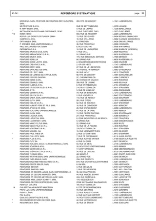 43.341                                       REPERTOIRE SYSTEMATIQUE                                             page    96


         MORHENG, SARL, PEINTURE-DECORATION-RESTAURATION,   269, RTE. DE LONGWY             L-1941 LUXEMBOURG
         SARL
         MR PEINTURE S.A R.L.                               RUE DE BETTEMBOURG              L-3378 LIVANGE
         N. MINY-BIVER, SARL                                4, RUE DE LIMANA                L-7235 BERELDANGE
*        NICOLAS NEISIUS-ZIGLIANA DUDELANGE, SENC           5, RUE THEODORE THIEL           L-3573 DUDELANGE
* M      NONN HEIKO                                         693, RUE DE NEUDORF             L-2220 LUXEMBOURG
         NOVUS-LUX DIENSTLEISTUNGEN GMBH                    13, RUE DES CAVES               L-5404 BECH-KLEINMACHER
         OLMITEC S. A R.L.                                  16, RUE D'ELLANGE               L-5692 ELVANGE (BECKERICH)
*        OPTI MALER, SARL                                   8, STRACHEN                     L-5426 GREIVELDANGE
         P. KREMER, SARL UNIPERSONNELLE                     36, RUE PRINCIPALE              L-9806 HOSINGEN
         PALZ MALERARBEITEN, GMBH                           6, ROUTE DU VIN                 L-5495 WINTRANGE
         PATRIMONIUS S.A.                                   10, RUE DE L'INDUSTRIE          L-8399 WINDHOF (KOERICH)
         PEINTURE BACKES & CIE, SARL                        7, RUE D'ELL                    L-8509 REDANGE
         PEINTURE BARANOWSKY S.A R.L.                       52, GRAND-RUE                   L-6630 WASSERBILLIG
         PEINTURE BAUER, SARL                               17A, RUE EMMANUEL SERVAIS       L-7565 MERSCH
         PEINTURE BENELUX                                   84, GRAND-RUE                   L-6630 WASSERBILLIG
         PEINTURE BORIS LAHYR, SARL                         2, WALDBRIEDEMESERSTROOSS       L-5680 DALHEIM
         PEINTURE CREATIVE S.A R.L.                         2, OP DER HEED                  L-1747 LUXEMBOURG
         PEINTURE DANY, SARL                                47, RUE DE LA LIBERATION        L-5969 ITZIG
         PEINTURE DAVE FELTUS SARL                          14, AVENUE J-F KENNEDY          L-9053 ETTELBRUCK
         PEINTURE DE L'EST, SARL                            58, RUE HICHT                   L-6212 CONSDORF
*        PEINTURE DE LORENZI ED. ET FILS, SARL              98, RTE. DE LONGWY              L-4994 SCHOUWEILER
         PEINTURE DECORS GASPAR                             2C, CHEMIN D'ARLON              L-4964 CLEMENCY
         PEINTURE DENIS S.AR.L.                             26, AVENUE DR GAASCH            L-4818 RODANGE
         PEINTURE DEWALD, SARL                              299, RUE DE L'USINE             L-4490 BELVAUX
         PEINTURE ELSEN S.A R.L.                            6, RUE D'ETTELBRUCK             L-9154 GROSBOUS
         PEINTURE ET DECOR DELEV S.A R.L.                   214, ROUTE D'ARLON              L-8010 STRASSEN
         PEINTURE G.T.S.                                    3, RUE DE WINDHOF               L-8359 GOEBLANGE
         PEINTURE GEIMER S.A R.L.                           7A, RUE DE BITBOURG             L-1273 LUXEMBOURG
         PEINTURE GILLEN S.A R.L.                           2, RUE HOOVELEK                 L-6447 ECHTERNACH
         PEINTURE GREIF, SARL UNIPERSONNELLE                110, RUE DE REMICH              L-5330 MOUTFORT
         PEINTURE GUTH, SARL                                281, RUE D'ITZIG                L-1815 LUXEMBOURG
         PEINTURE HEILES S.A R.L.                           52, RUE DE KOERICH              L-8437 STEINFORT
         PEINTURE HUBERT PERE ET FILS, SARL                 18, RUE DE CONSDORF             L-6551 BERDORF
         PEINTURE JP SCHILTZ, SARL                          20, RUE D'ORCHIMONT             L-2268 LUXEMBOURG
         PEINTURE KOX, SARL UNIPERSONNELLE                  41, RUE DE LA GARE              L-5540 REMICH
         PEINTURE KUHN, SARL                                13, RUE PIERRE DUPONG           L-3832 SCHIFFLANGE
         PEINTURE LACOUR, SARL                              217, RUE PRINCIPALE             L-5366 MUNSBACH
         PEINTURE LARUCCIA, SARL                            8, ZONE INDUSTRIELLE AM BRUCH   L-3327 CRAUTHEM
         PEINTURE LUDOWISSY, SARL                           5, GRAND-RUE                    L-3926 MONDERCANGE
         PEINTURE MARC FELTUS SARL                          22, GRAND-RUE                   L-9530 WILTZ
         PEINTURE MECK-PALA S.A R.L.                        10, RUE DE LA PISCINE           L-4846 RODANGE
         PEINTURE MODERNE S.A R.L.                          229, ROUTE D'ARLON              L-8011 STRASSEN
         PEINTURE MOUSEL, SA                                19, RUE UM KNAEPPCHEN           L-9370 GILSDORF
*        PEINTURE PAUL THEIS SA                             2, RUE DU CIMETIERE             L-8413 STEINFORT
         PEINTURE PHILLIPPS, SARL                           7, RUE DE GODBRANGE             L-6118 JUNGLINSTER
*        PEINTURE PLUS S.A R.L.                             29, RUE ALOYSE KAYSER           L-4169 ESCH-SUR-ALZETTE
         PEINTURE PUTZ SA                                   4, RUE DU CURE                  L-9217 DIEKIRCH
         PEINTURE ROILGEN, (SUCC. OLINGER MARCEL), SARL     83, RUE DE MERL                 L-2146 LUXEMBOURG
         PEINTURE SCHORN S.A R.L.                           35, ROUTE DE STADTBREDIMUS      L-5570 REMICH
         PEINTURE SCHWARZ S.A R.L.                          7, HAAPTSTROOSS                 L-9838 OBEREISENBACH
         PEINTURE STEFFEN ET FILS S.A.R.L.                  34, RUE DE L'EGLISE             L-6720 GREVENMACHER
         PEINTURE THOMAS BRILL                              4B, BANZELT                     L-6921 ROODT-SUR-SYRE
         PEINTURE WERTHESSEN, SARL UNIPERSONNELLE           22, GRAND-RUE                   L-9240 DIEKIRCH
         PEINTURE YVES BRAUN, SARL                          29A, RUE DU PUITS               L-2355 LUXEMBOURG
         PEINTURE/MALERBETRIEB SCHABO S.A R.L.              67A, RUE VICTOR MULLER-FROMES   L-9261 DIEKIRCH
         PEINTURE-DECOR SEILER, SARL                        8, UM BEIL                      L-7653 HEFFINGEN
         PEINTURES BECKER                                   3, RUE DES LILAS                L-6454 ECHTERNACH
         PEINTURES BIWERSI, SARL                            1, RUE DES VERGERS              L-5471 WELLENSTEIN
         PEINTURES ET DECORS LUCAS, SARL UNIPERSONNELLE     36, UM KNAEPPCHEN               L-7651 HEFFINGEN
         PEINTURES ET DECORS MARIOTTI, SARL                 44, RUE MARCEL SCHMIT           L-3563 DUDELANGE
         PEINTURES ET DECORS MEYERS CLAUDE, SARL            22A, RUE DU MOULIN              L-7621 LAROCHETTE
         PEINTURES KARL-JOSEF SCHMITT, SARL                 17A, KILLEBOESCH                L-5444 SCHENGEN
         PEINTURES-DECORS OESTREICHER, SARL                 ZONE ARTISANALE SALZBAACH D.    L-9559 WILTZ
         PERFECT COLOR'S                                    184, ROUTE D'ARLON              L-8010 STRASSEN
    M    PHILBERT ALAIN ALBERT MARCELLIN                    6, CITE OP GEWAENNCHEN          L-4383 EHLERANGE
         PINTO-LUX, SARL UNIPERSONNELLE                     73, RUE DES PRES                L-5316 CONTERN
         PIXXELL, SARL                                      22, RUE AUGUSTE LAVAL           L-1922 LUXEMBOURG
         PSL S.A R.L.                                       4, RUE MATHIAS HERTERT          L-1729 LUXEMBOURG
         QUALICOLOR SPITALERI S.A R.L.                      14, ROUTE DE LUXEMBOURG         L-3253 BETTEMBOURG
*        RECKINGER PEINTURES DECORS, SARL                   48, RUE VICTOR HUGO             L-4140 ESCH-SUR-ALZETTE
*        REGENBOGEN, SARL                                   30, RUE DE SANEM                L-4485 SOLEUVRE
 
