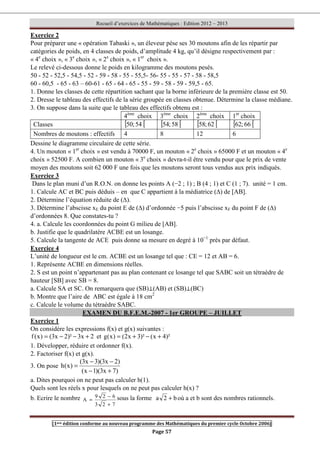 Recueil d’exercices de Mathématiques : Edition 2012 – 2013
[1ere édition conforme au nouveau programme des Mathématiques du premier cycle Octobre 2006]
Page 57
Exercice 2
Pour préparer une « opération Tabaski », un éleveur pèse ses 30 moutons afin de les répartir par
catégories de poids, en 4 classes de poids, d’amplitude 4 kg, qu’il désigne respectivement par :
« 4e
choix », « 3e
choix », « 2e
choix », « 1er
choix ».
Le relevé ci-dessous donne le poids en kilogramme des moutons pesés.
50 - 52 - 52,5 - 54,5 - 52 - 59 - 58 - 55 - 55,5- 56- 55 - 55 - 57 - 58 - 58,5
60 - 60,5 - 65 - 63 – 60-61 - 65 - 64 - 65 - 55 - 59 - 58 - 59 - 59,5 - 65.
1. Donne les classes de cette répartition sachant que la borne inférieure de la première classe est 50.
2. Dresse le tableau des effectifs de la série groupée en classes obtenue. Détermine la classe médiane.
3. On suppose dans la suite que le tableau des effectifs obtenu est :
4ème
choix 3ème
choix 2ème
choix 1er
choix
Classes [ [
54
;
50 [ [
58
;
54 [ [
62
;
58 [ [
66
;
62
Nombres de moutons : effectifs 4 8 12 6
Dessine le diagramme circulaire de cette série.
4. Un mouton « 1er
choix » est vendu à 70000 F, un mouton « 2e
choix » 65000 F et un mouton « 4e
choix » 52500 F. A combien un mouton « 3e
choix » devra-t-il être vendu pour que le prix de vente
moyen des moutons soit 62 000 F une fois que les moutons seront tous vendus aux prix indiqués.
Exercice 3
Dans le plan muni d’un R.O.N. on donne les points A (−2 ; 1) ; B (4 ; 1) et C (1 ; 7). unité = 1 cm.
1. Calcule AC et BC puis déduis – en que C appartient à la médiatrice (∆) de [AB].
2. Détermine l’équation réduite de (∆).
3. Détermine l’abscisse xE du point E de (∆) d’ordonnée −5 puis l’abscisse xF du point F de (∆)
d’ordonnées 8. Que constates-tu ?
4. a. Calcule les coordonnées du point G milieu de [AB].
b. Justifie que le quadrilatère ACBE est un losange.
5. Calcule la tangente de ACE puis donne sa mesure en degré à 10−1
près par défaut.
Exercice 4
L’unité de longueur est le cm. ACBE est un losange tel que : CE = 12 et AB = 6.
1. Représente ACBE en dimensions réelles.
2. S est un point n’appartenant pas au plan contenant ce losange tel que SABC soit un tétraèdre de
hauteur [SB] avec SB = 8.
a. Calcule SA et SC. On remarquera que (SB)⊥(AB) et (SB)⊥(BC)
b. Montre que l’aire de ABC est égale à 18 cm2
c. Calcule le volume du tétraèdre SABC.
EXAMEN DU B.F.E.M.-2007 - 1er GROUPE – JUILLET
Exercice 1
On considère les expressions f(x) et g(x) suivantes :
2
x
3
)²
2
x
3
(
)
x
(
f +
−
−
= et )²
4
x
(
)²
3
x
2
(
)
x
(
g +
−
+
=
1. Développer, réduire et ordonner f(x).
2. Factoriser f(x) et g(x).
3. On pose
)
7
x
3
)(
1
x
(
)
2
x
3
)(
3
x
3
(
)
x
(
h
+
−
−
−
=
a. Dites pourquoi on ne peut pas calculer h(1).
Quels sont les réels x pour lesquels on ne peut pas calculer h(x) ?
b. Ecrire le nombre
7
2
3
6
2
9
A
+
−
= sous la forme b
2
a + où a et b sont des nombres rationnels.
 