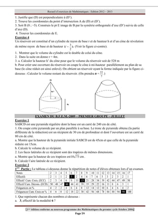 Recueil d’exercices de Mathématiques : Edition 2012 – 2013
[1ere édition conforme au nouveau programme des Mathématiques du premier cycle Octobre 2006]
Page 59
1. Justifie que (D) est perpendiculaire à (D’).
2. Trouve les coordonnées du point d’intersection A de (D) et (D’).
3. Soit B (0 ; −5). Construis le pt E image de B par la symétrie orthogonale d’axe (D’) suivie de celle
d’axe (D).
4. Trouver les coordonnées de E.
Exercice 4
Un réservoir est constitué d’un cylindre de rayon de base r et de hauteur h et d’un cône de révolution
de même rayon de base et de hauteur h
2
3
=
h' (Voir la figure ci-contre).
1. Montrer que le volume du cylindre est le double de celui du cône.
2. Dans la suite on donne r = 4m.
3. a. Calculer la hauteur h’ du cône pour que le volume du réservoir soit de 528 m
b. Pour créer une ouverture du réservoir on coupe le cône à mi-hauteur parallèlement au plan de sa
base (le cône réduit est ainsi enlevé). On obtient un réservoir ayant la forme indiquée par la figure ci-
dessous : Calculer le volume restant du réservoir. (On prendra π =
7
22 )
EXAMEN DU B.F.E.M.-2009 – PREMIER GROUPE – JUILLET
Exercice 1
SABCD est une pyramide régulière dont la base est un carré de 240 cm de côté.
1. On coupe cette pyramide par un plan parallèle à sa base. Le tronc de pyramide obtenu (la partie
différente de la réduction) est un récipient de 30 cm de profondeur et dont l’ouverture est un carré de
80 cm de côté.
a. Montre que la hauteur de la pyramide initiale SABCD est de 45cm et que celle de la pyramide
réduite est 15cm.
b. Calcule le volume de ce récipient.
2. Les faces latérales de ce récipient sont des trapèzes de mêmes dimensions.
a. Montre que la hauteur de ces trapèzes est cm
73
10 .
b. Calcule l’aire latérale de ce récipient.
Exercice 2
1ere
Partie : Le tableau ci-dessous donne la répartition de notes d’élèves obtenues lors d’un examen.
1. Que représente chacun des nombres ci-dessous :
a. 3, effectif de la modalité 6 ?
 