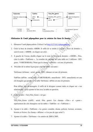 ISET Kélibia : H.TOUKABRI 19
Utilisation de l’outil phpmyadmin pour la création des bases de données
1. Démarrer l’outil phpmyadmin. Utiliser l’url http://127.0.0.1/phpmyadmin/
2. Créer la base de données AMDB. Il suffit de se rendre à l’onglet « bases de données »,
saisir le nom « AMDB » et cliquer sur créer.
3. À gauche de l’écran, double cliquer sur le nom de la base de données « AMDB ». Puis,
créer la table « TabGenre ». Le nombre de colonnes de cette table est 2 (idGenre : INT,
genre : VARCHAR(40)). Noter que le champ « idGenre » est une clé primaire.
4. Procéder de la même façon pour créer les tables suivantes :
TabAnnee (idAnnee : serial, annee : INT). idannee est une clé primaire.
TabFilm (idFilm : serial, titre : VARCHAR(40), anneeSortie : INT). anneeSortie est une
clé étrangère qui pointe sur la table TabAnnee. idFilm est une clé primaire.
Pour définir une clé étrangère, il suffit de le désigner comme index et cliquer sur « vue
relationnelle » pour ajouter le lien avec la table en question.
5. Créer la table « Tab_Film_Genre » tel que :
Tab_Film_Genre (cleFG : serial, film, genre). Les champs « film » et « genre »
représentent des clés étrangères sur les tables « TabFilm » et « TabGenre ».
6. Ajouter à la table « TabGenre » les genres comédie, drame, policier, horreur, aventure,
histoire et fiction. (Le champ « idGenre » n’est pas de type serial !).
7. Ajouter à la table « TabAnnee » les années de 2000 à 2005.
 