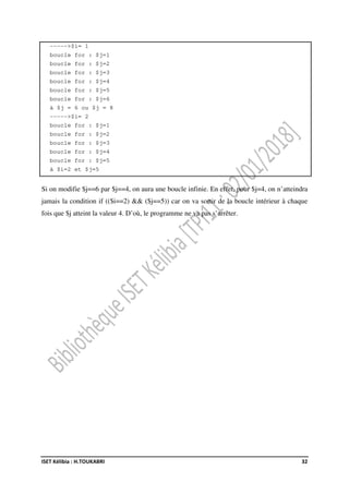 ISET Kélibia : H.TOUKABRI 32
----->$i= 1
boucle for : $j=1
boucle for : $j=2
boucle for : $j=3
boucle for : $j=4
boucle for : $j=5
boucle for : $j=6
à $j = 6 ou $j = 8
----->$i= 2
boucle for : $j=1
boucle for : $j=2
boucle for : $j=3
boucle for : $j=4
boucle for : $j=5
à $i=2 et $j=5
Si on modifie $j==6 par $j==4, on aura une boucle infinie. En effet, pour $j=4, on n’atteindra
jamais la condition if (($i==2) && ($j==5)) car on va sortir de la boucle intérieur à chaque
fois que $j atteint la valeur 4. D’où, le programme ne va pas s’arrêter.
 