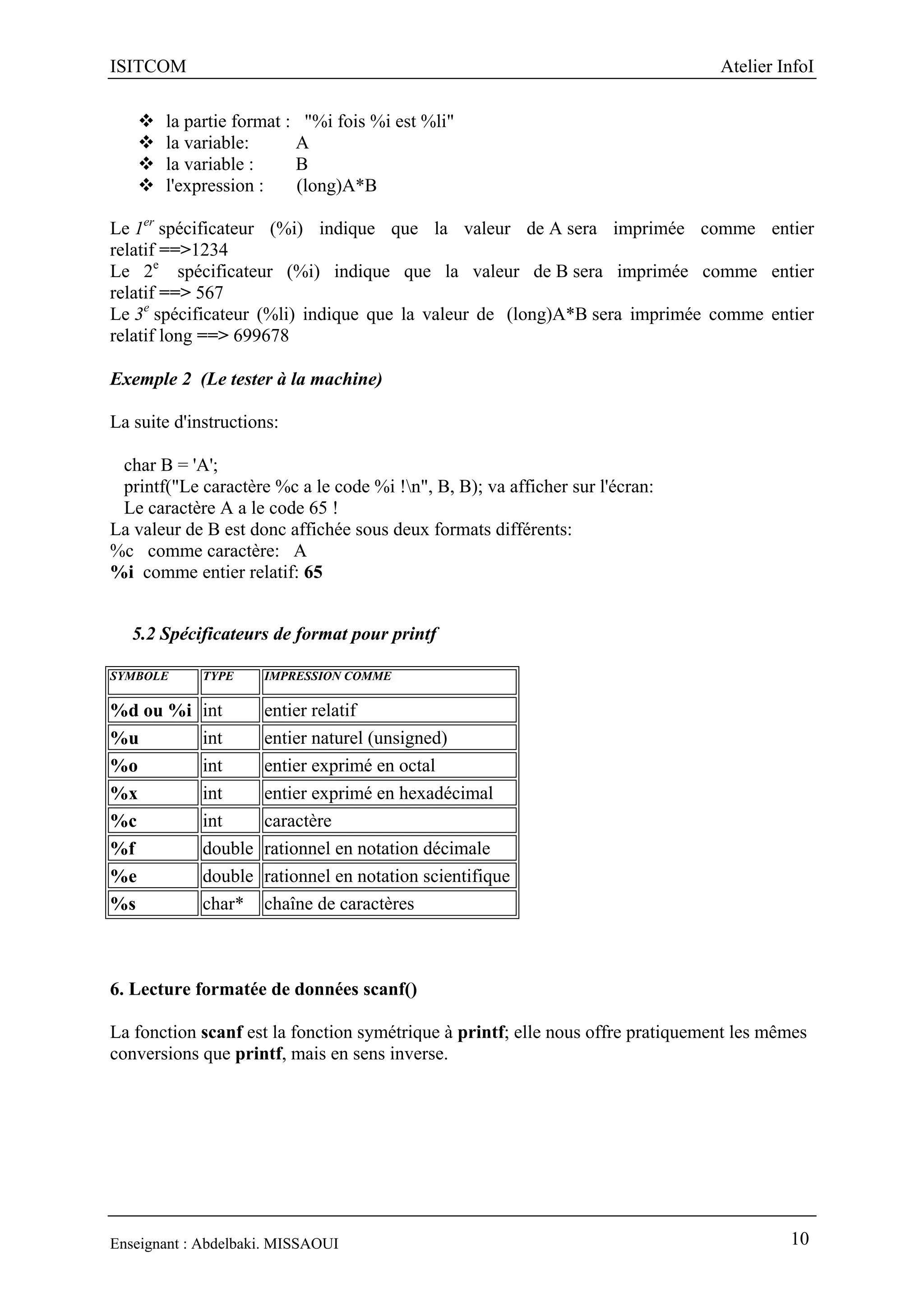 ISITCOM Atelier InfoI
Enseignant : Abdelbaki. MISSAOUI 10
 la partie format : "%i fois %i est %li"
 la variable: A
 la variable : B
 l'expression : (long)A*B
Le 1er
spécificateur (%i) indique que la valeur de A sera imprimée comme entier
relatif ==>1234
Le 2e
spécificateur (%i) indique que la valeur de B sera imprimée comme entier
relatif ==> 567
Le 3e
spécificateur (%li) indique que la valeur de (long)A*B sera imprimée comme entier
relatif long ==> 699678
Exemple 2 (Le tester à la machine)
La suite d'instructions:
char B = 'A';
printf("Le caractère %c a le code %i !n", B, B); va afficher sur l'écran:
Le caractère A a le code 65 !
La valeur de B est donc affichée sous deux formats différents:
%c comme caractère: A
%i comme entier relatif: 65
5.2 Spécificateurs de format pour printf
SYMBOLE TYPE IMPRESSION COMME
%d ou %i int entier relatif
%u int entier naturel (unsigned)
%o int entier exprimé en octal
%x int entier exprimé en hexadécimal
%c int caractère
%f double rationnel en notation décimale
%e double rationnel en notation scientifique
%s char* chaîne de caractères
6. Lecture formatée de données scanf()
La fonction scanf est la fonction symétrique à printf; elle nous offre pratiquement les mêmes
conversions que printf, mais en sens inverse.
 