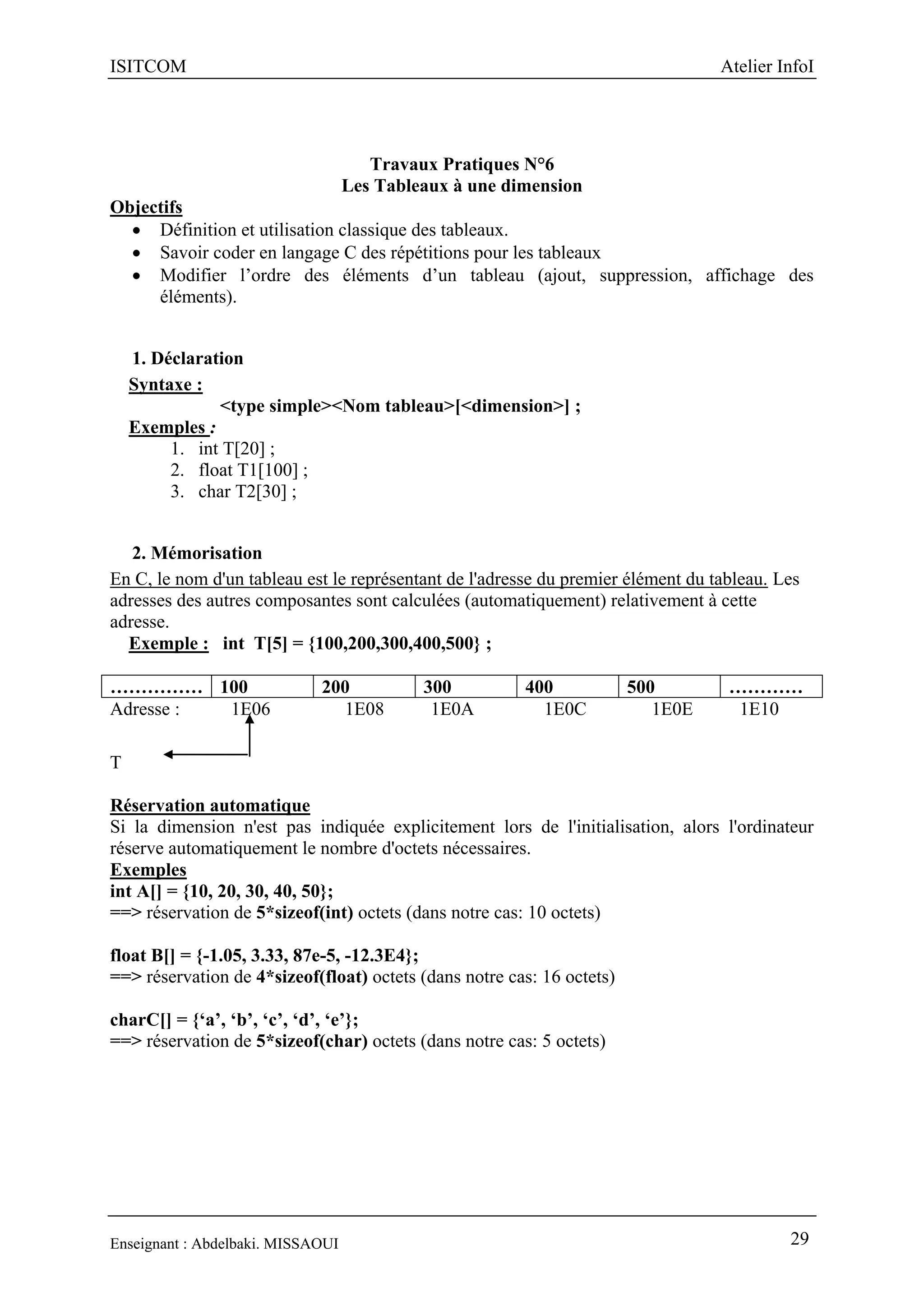 ISITCOM Atelier InfoI
Enseignant : Abdelbaki. MISSAOUI 29
Travaux Pratiques N°6
Les Tableaux à une dimension
Objectifs
 Définition et utilisation classique des tableaux.
 Savoir coder en langage C des répétitions pour les tableaux
 Modifier l’ordre des éléments d’un tableau (ajout, suppression, affichage des
éléments).
1. Déclaration
Syntaxe :
<type simple><Nom tableau>[<dimension>] ;
Exemples :
1. int T[20] ;
2. float T1[100] ;
3. char T2[30] ;
2. Mémorisation
En C, le nom d'un tableau est le représentant de l'adresse du premier élément du tableau. Les
adresses des autres composantes sont calculées (automatiquement) relativement à cette
adresse.
Exemple : int T[5] = {100,200,300,400,500} ;
…………… 100 200 300 400 500 …………
Adresse : 1E06 1E08 1E0A 1E0C 1E0E 1E10
T
Réservation automatique
Si la dimension n'est pas indiquée explicitement lors de l'initialisation, alors l'ordinateur
réserve automatiquement le nombre d'octets nécessaires.
Exemples
int A[] = {10, 20, 30, 40, 50};
==> réservation de 5*sizeof(int) octets (dans notre cas: 10 octets)
float B[] = {-1.05, 3.33, 87e-5, -12.3E4};
==> réservation de 4*sizeof(float) octets (dans notre cas: 16 octets)
charC[] = {‘a’, ‘b’, ‘c’, ‘d’, ‘e’};
==> réservation de 5*sizeof(char) octets (dans notre cas: 5 octets)
 