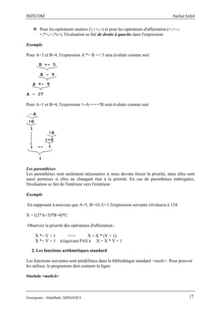 ISITCOM Atelier InfoI
Enseignant : Abdelbaki. MISSAOUI 17
 Pour les opérateurs unaires (!,++,--) et pour les opérateurs d'affectation (=,+=,-
=,*=,/=,%=), l'évaluation se fait de droite à gauche dans l'expression.
Exemple
Pour A=3 et B=4, l'expression A *= B += 5 sera évaluée comme suit:
Pour A=1 et B=4, l'expression !--A==++!B sera évaluée comme suit:
Les parenthèses
Les parenthèses sont seulement nécessaires si nous devons forcer la priorité, mais elles sont
aussi permises si elles ne changent rien à la priorité. En cas de parenthèses imbriquées,
l'évaluation se fait de l'intérieur vers l'extérieur.
Exemple
En supposant à nouveau que A=5, B=10, C=1 l'expression suivante s'évaluera à 134:
X = ((2*A+3)*B+4)*C
Observez la priorité des opérateurs d'affectation :
X *= Y + 1 <=> X = X * (Y + 1)
X *= Y + 1 n'équivaut PAS à X = X * Y + 1
2. Les fonctions arithmétiques standard
Les fonctions suivantes sont prédéfinies dans la bibliothèque standard <math>. Pour pouvoir
les utiliser, le programme doit contenir la ligne:
#include <math.h>
 