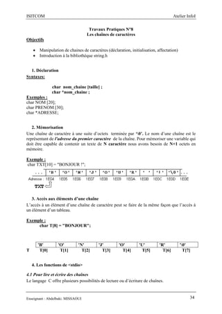 ISITCOM Atelier InfoI
Enseignant : Abdelbaki. MISSAOUI 34
Travaux Pratiques N°8
Les chaînes de caractères
Objectifs
 Manipulation de chaines de caractères (déclaration, initialisation, affectation)
 Introduction à la bibliothèque string.h
1. Déclaration
Syntaxes:
char nom_chaine [taille] ;
char *nom_chaine ;
Exemples :
char NOM [20];
char PRENOM [30];
char *ADRESSE;
2. Mémorisation
Une chaîne de caractère à une suite d’octets terminée par ‘0’. Le nom d’une chaîne est le
représentant de l'adresse du premier caractère de la chaîne. Pour mémoriser une variable qui
doit être capable de contenir un texte de N caractère nous avons besoin de N+1 octets en
mémoire.
Exemple :
char TXT[10] = "BONJOUR !";
3. Accès aux éléments d’une chaîne
L’accès à un élément d’une chaîne de caractère peut se faire de la même façon que l’accès à
un élément d’un tableau.
Exemple :
char T[8] = "BONJOUR";
T T[0] T[1] T[2] T[3] T[4] T[5] T[6] T[7]
4. Les fonctions de <stdio>
4.1 Pour lire et écrire des chaînes
Le langage C offre plusieurs possibilités de lecture ou d’écriture de chaînes.
'B' 'O' 'N' 'J' 'O' 'U' 'R' '0'
 