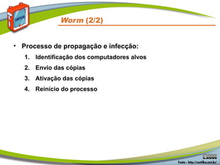 Worm (2/2)
• Processo de propagação e infecção:
1. Identificação dos computadores alvos
2. Envio das cópias
3. Ativação das cópias
4. Reinício do processo
 