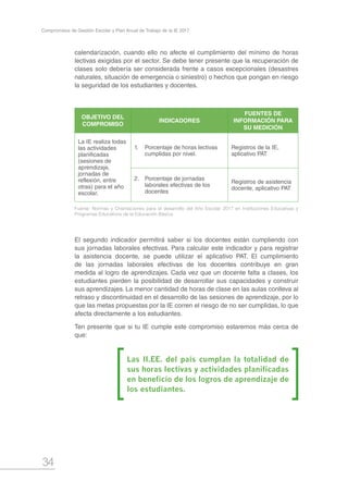 34
Compromisos de Gestión Escolar y Plan Anual de Trabajo de la IE 2017
calendarización, cuando ello no afecte el cumplimiento del mínimo de horas
lectivas exigidas por el sector. Se debe tener presente que la recuperación de
clases solo debería ser considerada frente a casos excepcionales (desastres
naturales, situación de emergencia o siniestro) o hechos que pongan en riesgo
la seguridad de los estudiantes y docentes.
OBJETIVO DEL
COMPROMISO
INDICADORES
FUENTES DE
INFORMACIÓN PARA
SU MEDICIÓN
La IE realiza todas
las actividades
planificadas
(sesiones de
aprendizaje,
jornadas de
reflexión, entre
otras) para el año
escolar.
1.	 Porcentaje de horas lectivas
cumplidas por nivel.
Registros de la IE,
aplicativo PAT
2.	 Porcentaje de jornadas
laborales efectivas de los
docentes
Registros de asistencia
docente, aplicativo PAT
Fuente: Normas y Orientaciones para el desarrollo del Año Escolar 2017 en Instituciones Educativas y
Programas Educativos de la Educación Básica.
El segundo indicador permitirá saber si los docentes están cumpliendo con
sus jornadas laborales efectivas. Para calcular este indicador y para registrar
la asistencia docente, se puede utilizar el aplicativo PAT. El cumplimiento
de las jornadas laborales efectivas de los docentes contribuye en gran
medida al logro de aprendizajes. Cada vez que un docente falta a clases, los
estudiantes pierden la posibilidad de desarrollar sus capacidades y construir
sus aprendizajes. La menor cantidad de horas de clase en las aulas conlleva al
retraso y discontinuidad en el desarrollo de las sesiones de aprendizaje, por lo
que las metas propuestas por la IE corren el riesgo de no ser cumplidas, lo que
afecta directamente a los estudiantes.
Ten presente que si tu IE cumple este compromiso estaremos más cerca de
que:
Las II.EE. del país cumplan la totalidad de
sus horas lectivas y actividades planificadas
en beneficio de los logros de aprendizaje de
los estudiantes.
 