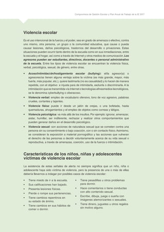 45
Compromisos de Gestión Escolar y Plan Anual de Trabajo de la IE 2017
Violencia escolar
Es el uso intencional de la fuerza y el poder, sea en grado de amenaza o efectivo, contra
uno mismo, otra persona, un grupo o la comunidad educativa, que cause o pueda
causar lesiones, daños psicológicos, trastornos del desarrollo o privaciones. Estas
situaciones pueden ocurrir tanto dentro de la escuela como en sus inmediaciones, entre
la escuela y el hogar, así como a través de Internet y otros medios de comunicación. Los
agresores pueden ser estudiantes, directivos, docentes o personal administrativo
de la escuela. Entre los tipos de violencia escolar se encuentran la violencia física,
verbal, psicológica, sexual, de género, entre otras.
•	 Acoso/intimidación/hostigamiento escolar (bullying): el/la agresor(a) o
agresores/as tienen alguna ventaja sobre la víctima (es más grande, mayor, más
fuerte, más popular, etc.), quiere lastimarla (no es casualidad) y lo hacen de manera
repetida, con el objetivo e injusta para de intimidarla, excluirla o discriminarla. A la
intimidación que es transmitida vía Internet o tecnologías afinesmedios tecnológicos,
se le denomina cyberbullying o ciberacoso.
•	 Violencia verbal: empleo de vocabulario ofensivo, tono de voz agresivo, palabras
crueles, cortantes y tajantes.
•	 Violencia física: puede ir desde un jalón de orejas, o una bofetada, hasta
quemaduras, ahogamientos y el empleo de objetos como correas y látigos.
•	 Violencia psicológica: va más allá de los insultos. Por ejemplo: ignorar, amenazar,
aislar, humillar, ser indiferente, rechazar y realizar otros comportamientos que
pueden generar daños en el desarrollo psicológico.
•	 Violencia sexual: son acciones de naturaleza sexual que se cometen contra una
persona sin su consentimiento o bajo coacción, con o sin contacto físico.Asimismo,
se consideran la exposición a material pornográfico y las acciones que vulneran
el derecho de las personas a decidir voluntariamente acerca de su vida sexual o
reproductiva, a través de amenazas, coerción, uso de la fuerza o intimidación.
La existencia de estas señales de alerta no siempre significa que un niño, niña o
adolescente haya sido víctima de violencia, pero la presencia de una o más de ellas
debería llevarnos a indagar por posibles casos de violencia escolar:
Características de los niños, niñas y adolescentes
víctimas de violencia escolar
•	 Tiene miedo de ir a la escuela.
•	 Sus calificaciones han bajado.
•	 Presenta lesiones físicas.
•	 Pierde o rompe sus pertenencias.
•	 Tiene cambios repentinos en
su estado de ánimo.
•	 Tiene cambios en sus hábitos de
comer o dormir.	
•	 Tiene pesadillas u otros problemas
para dormir.
•	 Hace comentarios o tiene conductas
con alto contenido sexual.
•	 Escribe, dibuja, juega o sueña con
imágenes atemorizantes o sexuales.
•	 Tiene dinero, juguetes u otros regalos
sin motivo alguno.
 