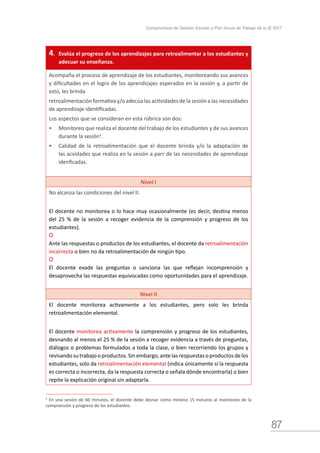 87
Compromisos de Gestión Escolar y Plan Anual de Trabajo de la IE 2017
4.	 Evalúa el progreso de los aprendizajes para retroalimentar a los estudiantes y
adecuar su enseñanza.
Acompaña el proceso de aprendizaje de los estudiantes, monitoreando sus avances
y dificultades en el logro de los aprendizajes esperados en la sesión y, a partir de
esto, les brinda
retroalimentación formativa y/o adecúa las actividades de la sesión a las necesidades
de aprendizaje identificadas.
Los aspectos que se consideran en esta rúbrica son dos:
•	 Monitoreo que realiza el docente del trabajo de los estudiantes y de sus avances
durante la sesión3
.
•	 Calidad de la retroalimentación que el docente brinda y/o la adaptación de
las acvidades que realiza en la sesión a parr de las necesidades de aprendizaje
idenficadas.
Nivel I
No alcanza las condiciones del nivel II.
El docente no monitorea o lo hace muy ocasionalmente (es decir, destina menos
del 25 % de la sesión a recoger evidencia de la comprensión y progreso de los
estudiantes).
O
Ante las respuestas o productos de los estudiantes, el docente da retroalimentación
incorrecta o bien no da retroalimentación de ningún tipo.
O
El docente evade las preguntas o sanciona las que reflejan incomprensión y
desaprovecha las respuestas equivocadas como oportunidades para el aprendizaje.
Nivel II
El docente monitorea activamente a los estudiantes, pero solo les brinda
retroalimentación elemental.
El docente monitorea activamente la comprensión y progreso de los estudiantes,
desnando al menos el 25 % de la sesión a recoger evidencia a través de preguntas,
diálogos o problemas formulados a toda la clase, o bien recorriendo los grupos y
revisandosutrabajooproductos.Sinembargo,antelasrespuestasoproductosdelos
estudiantes, solo da retroalimentación elemental (indica únicamente si la respuesta
es correcta o incorrecta, da la respuesta correcta o señala dónde encontrarla) o bien
repite la explicación original sin adaptarla.
3
En una sesión de 60 minutos, el docente debe desnar como mínimo 15 minutos al monitoreo de la
comprensión y progreso de los estudiantes.
 