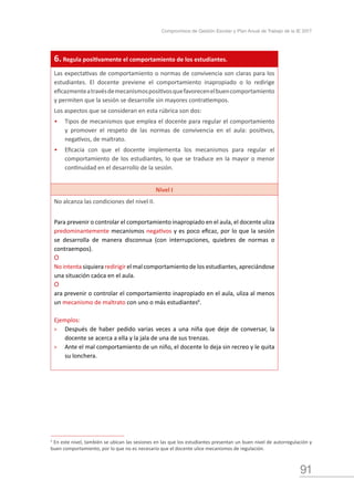 91
Compromisos de Gestión Escolar y Plan Anual de Trabajo de la IE 2017
6. Regula positivamente el comportamiento de los estudiantes.
Las expectativas de comportamiento o normas de convivencia son claras para los
estudiantes. El docente previene el comportamiento inapropiado o lo redirige
eficazmenteatravésdemecanismospositivosquefavorecenelbuencomportamiento
y permiten que la sesión se desarrolle sin mayores contratiempos.
Los aspectos que se consideran en esta rúbrica son dos:
•	 Tipos de mecanismos que emplea el docente para regular el comportamiento
y promover el respeto de las normas de convivencia en el aula: positivos,
negativos, de maltrato.
•	 Eficacia con que el docente implementa los mecanismos para regular el
comportamiento de los estudiantes, lo que se traduce en la mayor o menor
continuidad en el desarrollo de la sesión.
Nivel I
No alcanza las condiciones del nivel II.
Para prevenir o controlar el comportamiento inapropiado en el aula, el docente uliza
predominantemente mecanismos negativos y es poco eficaz, por lo que la sesión
se desarrolla de manera disconnua (con interrupciones, quiebres de normas o
contraempos).
O
No intenta siquiera redirigir el mal comportamiento de los estudiantes, apreciándose
una situación caóca en el aula.
O
ara prevenir o controlar el comportamiento inapropiado en el aula, uliza al menos
un mecanismo de maltrato con uno o más estudiantes6
.
Ejemplos:
»» Después de haber pedido varias veces a una niña que deje de conversar, la
docente se acerca a ella y la jala de una de sus trenzas.
»» Ante el mal comportamiento de un niño, el docente lo deja sin recreo y le quita
su lonchera.
5
En este nivel, también se ubican las sesiones en las que los estudiantes presentan un buen nivel de autorregulación y
buen comportamiento, por lo que no es necesario que el docente ulice mecanismos de regulación.
 
