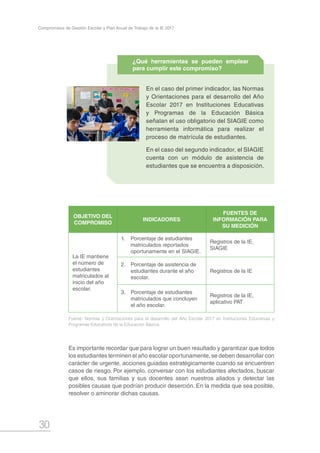 30
Compromisos de Gestión Escolar y Plan Anual de Trabajo de la IE 2017
OBJETIVO DEL
COMPROMISO
INDICADORES
FUENTES DE
INFORMACIÓN PARA
SU MEDICIÓN
La IE mantiene
el número de
estudiantes
matriculados al
inicio del año
escolar.
1.	 Porcentaje de estudiantes
matriculados reportados
oportunamente en el SIAGIE.
Registros de la IE,
SIAGIE
2.	 Porcentaje de asistencia de
estudiantes durante el año
escolar.
Registros de la IE
3.	 Porcentaje de estudiantes
matriculados que concluyen
el año escolar.
Registros de la IE,
aplicativo PAT
Fuente: Normas y Orientaciones para el desarrollo del Año Escolar 2017 en Instituciones Educativas y
Programas Educativos de la Educación Básica.
Es importante recordar que para lograr un buen resultado y garantizar que todos
los estudiantes terminen el año escolar oportunamente, se deben desarrollar con
carácter de urgente, acciones guiadas estratégicamente cuando se encuentren
casos de riesgo. Por ejemplo, conversar con los estudiantes afectados, buscar
que ellos, sus familias y sus docentes sean nuestros aliados y detectar las
posibles causas que podrían producir deserción. En la medida que sea posible,
resolver o aminorar dichas causas.
En el caso del primer indicador, las Normas
y Orientaciones para el desarrollo del Año
Escolar 2017 en Instituciones Educativas
y Programas de la Educación Básica
señalan el uso obligatorio del SIAGIE como
herramienta informática para realizar el
proceso de matrícula de estudiantes.
En el caso del segundo indicador, el SIAGIE
cuenta con un módulo de asistencia de
estudiantes que se encuentra a disposición.
¿Qué herramientas se pueden emplear
para cumplir este compromiso?
 