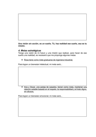 Una visión sin acción, es un sueño. Tú, haz realidad ese sueño, esa es tu
misión.
4. Metas estratégicas
Tengo una visión de mi futuro y una misión que realizar, para hacer de ese
sueño una realidad, es necesario que me proponga algunas metas
 Rosa tiene como meta graduarse de ingeniera Industrial.
Para lograr un bienestar intelectual, mi meta será...
 Ana y Oscar, una pareja de casados, tienen como meta, mantener una
relación estable basada en el respeto, la responsabilidad y el trato digno,
sin abusos.
Para lograr un bienestar emocional, mi meta será...
 