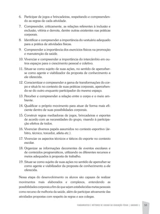 FUNDAMENTOS E MÉTODOS DE ENSINO DA EDUCAÇÃO FÍSICA | unidade 3 53
6. 	 Participar de jogos e brincadeiras, respeitando e compreenden-
do as regras de cada atividade.
7. 	 Compreender, criticamente, as relações referentes à inclusão e
exclusão, vitória e derrota, dentre outras existentes nas práticas
corporais.
8. 	 Identificar e compreender a importância do vestuário adequado
para a prática de atividades físicas.
9. 	 Compreender a importância dos exercícios físicos na promoção
e manutenção da saúde.
10. 	Vivenciar e compreender a importância do intercâmbio em ou-
tros espaços para o crescimento pessoal e coletivo.
11. 	Situar-se como sujeito de suas ações, no sentido de aperceber-
se como agente e viabilizador da proposta de conhecimento a
ele oferecida.
12. 	Conscientizar e compreender a gama de transformações do cor-
po e situá-lo no contexto de suas práticas corporais, aperceben-
do-se do outro enquanto participador do mesmo espaço.
13. 	Perceber e compreender a relação entre o corpo e o meio am-
biente.
14. 	Qualificar o próprio movimento para atuar de forma mais efi-
ciente dentro de suas possibilidades corporais.
15. 	Construir regras mediadoras de jogos, brincadeiras e esportes
de acordo com as necessidades do grupo, visando à participa-
ção efetiva de todos.
16. 	Vivenciar diversos papéis assumidos no contexto esportivo (ár-
bitro, técnico, torcedor, atleta etc.).
17. 	Vivenciar os aspectos técnicos e táticos do esporte no contexto
escolar.
18. 	Organizar as informações decorrentes de eventos escolares e
de conteúdos programáticos, utilizando os diferentes recursos e
meios adequados à proposta de trabalho.
19. 	Situar-se como sujeito de suas ações no sentido de aperceber-se
como agente e viabilizador da proposta de conhecimento a ele
oferecida.
Nessa etapa do desenvolvimento os alunos são capazes de realizar
movimentos mais elaborados e complexos, entendendo as
possibilidadescorporaisafimdequesejamestabelecidasmetaspessoais
como recurso de melhoria da saúde, além de participar ativamente das
atividades propostas com respeito às regras e aos colegas.
 