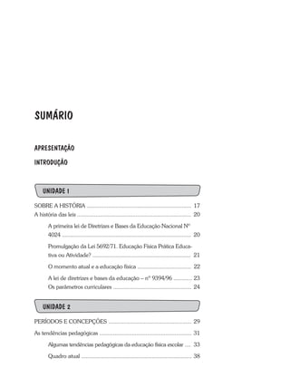 SUMÁRIO
APRESENTAÇÃO
INTRODUÇÃO
UNIDADE 1
SOBRE A HISTÓRIA ....................................................................	 17
A história das leis ..........................................................................	 20
	A primeira lei de Diretrizes e Bases da Educação Nacional Nº
	 4024 ....................................................................................	 20
	 Promulgação da Lei 5692/71. Educação Física Prática Educa-
	 tiva ou Atividade? ................................................................	 21
	 O momento atual e a educação física ................................... 22
	A lei de diretrizes e bases da educação – nº 9394/96 ............	23
	 Os parâmetros curriculares ...................................................	24
UNIDADE 2
PERÍODOS E CONCEPÇÕES ......................................................	 29
As tendências pedagógicas ............................................................	31
	Algumas tendências pedagógicas da educação física escolar ....	 33
	 Quadro atual ........................................................................	38
 