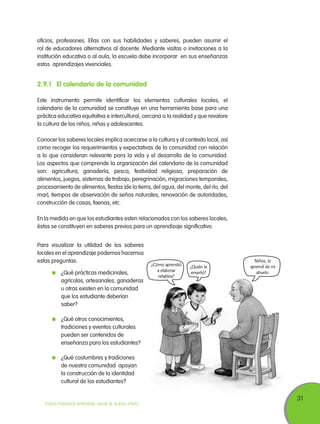 oficios, profesiones. Ellas con sus habilidades y saberes, pueden asumir el
rol de educadores alternativos al docente. Mediante visitas o invitaciones a la
institución educativa o al aula, la escuela debe incorporar en sus enseñanzas
estos aprendizajes vivenciales.

2.9.1	El calendario de la comunidad
Este instrumento permite identificar los elementos culturales locales, el
calendario de la comunidad se constituye en una herramienta base para una
práctica educativa equitativa e intercultural, cercana a la realidad y que revalore
la cultura de los niños, niñas y adolescentes.
Conocer los saberes locales implica acercarse a la cultura y al contexto local, así
como recoger los requerimientos y expectativas de la comunidad con relación
a lo que consideran relevante para la vida y el desarrollo de la comunidad.
Los aspectos que comprende la organización del calendario de la comunidad
son: agricultura, ganadería, pesca, festividad religiosa, preparación de
alimentos, juegos, sistemas de trabajo, peregrinación, migraciones temporales,
procesamiento de alimentos, fiestas (de la tierra, del agua, del monte, del río, del
mar), tiempos de observación de señas naturales, renovación de autoridades,
construcción de casas, faenas, etc.
En la medida en que los estudiantes esten relacionados con los saberes locales,
éstos se constituyen en saberes previos para un aprendizaje significativo.
Para visualizar la utilidad de los saberes
locales en el aprendizaje podemos hacernos
estas preguntas:
	 ¿Qué prácticas medicinales,
agrícolas, artesanales, ganaderas
u otras existen en la comunidad
que los estudiante deberían
saber?

¿Cómo aprendió
a elaborar
retablos?

¿Quién le
enseñó?

Niños, lo
aprendí de mi
abuelo.

	 ¿Qué otros conocimientos,
tradiciones y eventos culturales
pueden ser contenidos de
enseñanza para los estudiantes?
	 ¿Qué costumbres y tradiciones
de nuestra comunidad apoyan
la construcción de la identidad
cultural de los estudiantes?

TODOS PODEMOS APRENDER, NADIE SE QUEDA ATRÁS

31

 