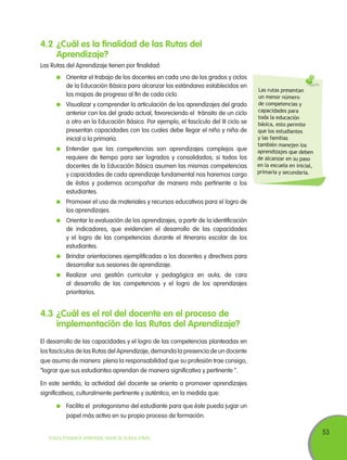 4.2	¿Cuál es la finalidad de las Rutas del
Aprendizaje?
Las Rutas del Aprendizaje tienen por finalidad:
	 Orientar el trabajo de los docentes en cada uno de los grados y ciclos
de la Educación Básica para alcanzar los estándares establecidos en
los mapas de progreso al fin de cada ciclo.
	 Visualizar y comprender la articulación de los aprendizajes del grado
anterior con los del grado actual, favoreciendo el tránsito de un ciclo
a otro en la Educación Básica. Por ejemplo, el fascículo del III ciclo se
presentan capacidades con los cuales debe llegar el niño y niña de
inicial a la primaria.
	 Entender que las competencias son aprendizajes complejos que
requiere de tiempo para ser logrados y consolidados; si todos los
docentes de la Educación Básica asumen las mismas competencias
y capacidades de cada aprendizaje fundamental nos haremos cargo
de éstos y podemos acompañar de manera más pertinente a los
estudiantes.

Las rutas presentan
un menor número
de competencias y
capacidades para
toda la educación
básica, esto permite
que los estudiantes
y las familias
también manejen los
aprendizajes que deben
de alcanzar en su paso
en la escuela en inicial,
primaria y secundaria.

	 Promover el uso de materiales y recursos educativos para el logro de
los aprendizajes.
	 Orientar la evaluación de los aprendizajes, a partir de la identificación
de indicadores, que evidencien el desarrollo de las capacidades
y el logro de las competencias durante el itinerario escolar de los
estudiantes.
	 Brindar orientaciones ejemplificadas a los docentes y directivos para
desarrollar sus sesiones de aprendizaje.
	 Realizar una gestión curricular y pedagógica en aula, de cara
al desarrollo de las competencias y el logro de los aprendizajes
prioritarios.

4.3	¿Cuál es el rol del docente en el proceso de
implementación de las Rutas del Aprendizaje?
El desarrollo de las capacidades y el logro de las competencias planteadas en
los fascículos de las Rutas del Aprendizaje, demanda la presencia de un docente
que asuma de manera plena la responsabilidad que su profesión trae consigo,
“lograr que sus estudiantes aprendan de manera significativa y pertinente ”.
En este sentido, la actividad del docente se orienta a promover aprendizajes
significativos, culturalmente pertinente y auténtico, en la medida que:
	 Facilita el protagonismo del estudiante para que éste pueda jugar un
papel más activo en su propio proceso de formación.

TODOS PODEMOS APRENDER, NADIE SE QUEDA ATRÁS

53

 