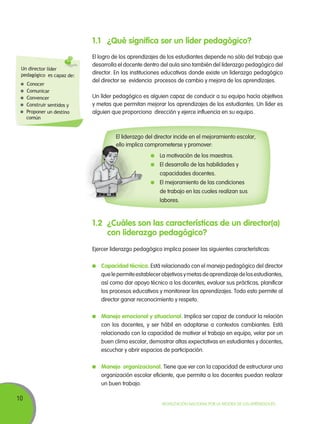 10
Movilización Nacional por la Mejora de los Aprendizajes
1.1	 ¿Qué significa ser un líder pedagógico?
Un director líder
pedagógico es capaz de:
	 Conocer
	 Comunicar
	 Convencer
	 Construir sentidos y
	 Proponer un destino
común
El logro de los aprendizajes de los estudiantes depende no sólo del trabajo que
desarrolla el docente dentro del aula sino también del liderazgo pedagógico del
director. En las instituciones educativas donde existe un liderazgo pedagógico
del director se evidencia procesos de cambio y mejora de los aprendizajes.
Un líder pedagógico es alguien capaz de conducir a su equipo hacía objetivos
y metas que permitan mejorar los aprendizajes de los estudiantes. Un líder es
alguien que proporciona dirección y ejerce influencia en su equipo.
	 La motivación de los maestros.
	 El desarrollo de las habilidades y
capacidades docentes.
	 El mejoramiento de las condiciones
de trabajo en las cuales realizan sus
labores.
El liderazgo del director incide en el mejoramiento escolar,
ello implica comprometerse y promover:
1.2	 ¿Cuáles son las características de un director(a)
con liderazgo pedagógico?
Ejercer liderazgo pedagógico implica poseer las siguientes características:
	 Capacidad técnica. Está relacionado con el manejo pedagógico del director
quelepermiteestablecerobjetivosymetasdeaprendizajedelosestudiantes,
así como dar apoyo técnico a los docentes, evaluar sus prácticas, planificar
los procesos educativos y monitorear los aprendizajes. Todo esto permite al
director ganar reconocimiento y respeto.
	 Manejo emocional y situacional. Implica ser capaz de conducir la relación
con los docentes, y ser hábil en adaptarse a contextos cambiantes. Está
relacionado con la capacidad de motivar el trabajo en equipo, velar por un
buen clima escolar, demostrar altas expectativas en estudiantes y docentes,
escuchar y abrir espacios de participación.
	 Manejo organizacional. Tiene que ver con la capacidad de estructurar una
organización escolar eficiente, que permita a los docentes puedan realizar
un buen trabajo.
 