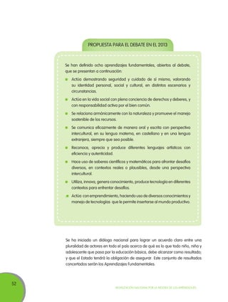 52
Movilización Nacional por la Mejora de los Aprendizajes
Se han definido ocho aprendizajes fundamentales, abiertos al debate,
que se presentan a continuación:
	 Actúa demostrando seguridad y cuidado de sí mismo, valorando
su identidad personal, social y cultural, en distintos escenarios y
circunstancias.
	 Actúa en la vida social con plena conciencia de derechos y deberes, y
con responsabilidad activa por el bien común.
	 Se relaciona armónicamente con la naturaleza y promueve el manejo
sostenible de los recursos.
	 Se comunica eficazmente de manera oral y escrita con perspectiva
intercultural, en su lengua materna, en castellano y en una lengua
extranjera, siempre que sea posible.
	 Reconoce, aprecia y produce diferentes lenguajes artísticos con
eficiencia y autenticidad.
	 Hace uso de saberes científicos y matemáticos para afrontar desafíos
diversos, en contextos reales o plausibles, desde una perspectiva
intercultural.
	 Utiliza, innova, genera conocimiento, produce tecnología en diferentes
contextos para enfrentar desafíos.
. 	 Actúa con emprendimiento, haciendo uso de diversos conocimientos y
manejo de tecnologías que le permite insertarse al mundo productivo.
Se ha iniciado un diálogo nacional para lograr un acuerdo claro entre una
pluralidad de actores en todo el país acerca de qué es lo que todo niño, niña y
adolescente que pasa por la educación básica, debe alcanzar como resultado;
y que el Estado tendrá la obligación de asegurar. Este conjunto de resultados
concertados serán los Aprendizajes Fundamentales.
PROPUESTA PARA EL DEBATE EN EL 2013
 