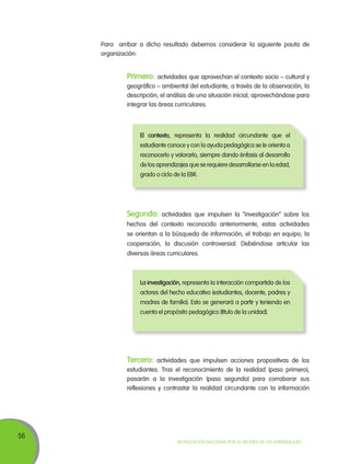 56
Movilización Nacional por la Mejora de los Aprendizajes
Segundo: actividades que impulsen la “investigación” sobre los
hechos del contexto reconocido anteriormente, estas actividades
se orientan a la búsqueda de información, el trabajo en equipo, la
cooperación, la discusión controversial. Debiéndose articular las
diversas áreas curriculares.
Tercero: actividades que impulsen acciones propositivas de los
estudiantes. Tras el reconocimiento de la realidad (paso primero),
pasarán a la investigación (paso segundo) para corroborar sus
reflexiones y contrastar la realidad circundante con la información
La investigación, representa la interacción compartida de los
actores del hecho educativo (estudiantes, docente, padres y
madres de familia). Esto se generará a partir y teniendo en
cuenta el propósito pedagógico (título de la unidad).
Para arribar a dicho resultado debemos considerar la siguiente pauta de
organización:
Primero: actividades que aprovechan el contexto socio – cultural y
geográfico – ambiental del estudiante, a través de la observación, la
descripción, el análisis de una situación inicial; aprovechándose para
integrar las áreas curriculares.
El contexto, representa la realidad circundante que el
estudiante conoce y con la ayuda pedagógica se le orienta a
reconocerlo y valorarlo, siempre dando énfasis al desarrollo
delosaprendizajesqueserequieredesarrollarseenlaedad,
grado o ciclo de la EBR.
 