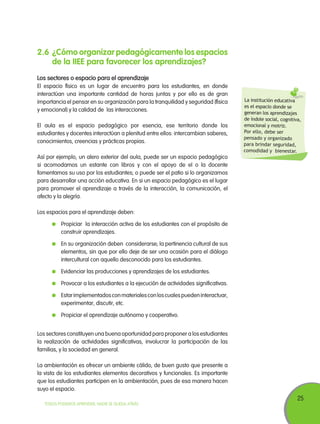 25
TODOS PODEMOS APRENDER, NADIE SE QUEDA ATRÁS
2.6	 ¿Cómo organizar pedagógicamente los espacios
de la IIEE para favorecer los aprendizajes?
Los sectores o espacio para el aprendizaje
El espacio físico es un lugar de encuentro para los estudiantes, en donde
interactúan una importante cantidad de horas juntas y por ello es de gran
importancia el pensar en su organización para la tranquilidad y seguridad (física
y emocional) y la calidad de las interacciones.
El aula es el espacio pedagógico por esencia, ese territorio donde los
estudiantes y docentes interactúan a plenitud entre ellos: intercambian saberes,
conocimientos, creencias y prácticas propias.
Así por ejemplo, un alero exterior del aula, puede ser un espacio pedagógico
si acomodamos un estante con libros y con el apoyo de el o la docente
fomentamos su uso por los estudiantes; o puede ser el patio si lo organizamos
para desarrollar una acción educativa. En si un espacio pedagógico es el lugar
para promover el aprendizaje a través de la interacción, la comunicación, el
afecto y la alegría.
Los espacios para el aprendizaje deben:
	 Propiciar la interacción activa de los estudiantes con el propósito de
construir aprendizajes.
	 En su organización deben considerarse; la pertinencia cultural de sus
elementos, sin que por ello deje de ser una ocasión para el diálogo
intercultural con aquello desconocido para los estudiantes.
	 Evidenciar las producciones y aprendizajes de los estudiantes.
	 Provocar a los estudiantes a la ejecución de actividades significativas.
	 Estarimplementadosconmaterialesconloscualespuedeninteractuar,
experimentar, discutir, etc.
	 Propiciar el aprendizaje autónomo y cooperativo.
Los sectores constituyen una buena oportunidad para proponer a los estudiantes
la realización de actividades significativas, involucrar la participación de las
familias, y la sociedad en general.
La ambientación es ofrecer un ambiente cálido, de buen gusto que presente a
la vista de los estudiantes elementos decorativos y funcionales. Es importante
que los estudiantes participen en la ambientación, pues de esa manera hacen
suyo el espacio.
La institución educativa
es el espacio donde se
generan los aprendizajes
de índole social, cognitiva,
emocional y motriz.
Por ello, debe ser
pensado y organizado
para brindar seguridad,
comodidad y bienestar.
 