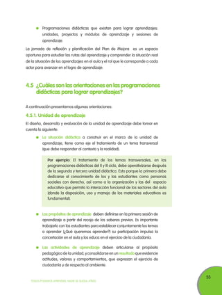 55
TODOS PODEMOS APRENDER, NADIE SE QUEDA ATRÁS
4.5	 ¿Cuáles son las orientaciones en las programaciones
didácticas para lograr aprendizajes?
A continuación presentamos algunas orientaciones:
4.5.1. Unidad de aprendizaje
El diseño, desarrollo y evaluación de la unidad de aprendizaje debe tomar en
cuenta lo siguiente:
	 La situación didáctica a construir en el marco de la unidad de
aprendizaje, tiene como eje el tratamiento de un tema transversal
(que debe responder al contexto y la realidad).
Por ejemplo: El tratamiento de los temas transversales, en las
programaciones didácticas del II y III ciclo, debe operativizarse después
de la segunda y tercera unidad didáctica. Esto porque la primera debe
dedicarse al conocimiento de los y las estudiantes como personas
sociales con derecho, así como a la organización y las del espacio
educativo que permita la interacción funcional de los sectores del aula
(donde la disposición, uso y manejo de los materiales educativos es
fundamental).
	 Los propósitos de aprendizaje deben definirse en la primera sesión de
aprendizaje a partir del recojo de los saberes previos. Es importante
trabajarlo con los estudiantes para establecer conjuntamente los temas
a aprender (¿Qué queremos aprender?) su participación impulsa la
concertación en el aula y los educa en el ejercicio de la ciudadanía.
	 Las actividades de aprendizaje deben articularse al propósito
pedagógico de la unidad, y consolidarse en un resultado que evidencie
actitudes, valores y comportamientos, que expresan el ejercicio de
ciudadanía y de respecto al ambiente.
	 Programaciones didácticas que existan para lograr aprendizajes:
unidades, proyectos y módulos de aprendizaje y sesiones de
aprendizaje.
La jornada de reflexión y planificación del Plan de Mejora es un espacio
oportuno para estudiar las rutas del aprendizaje y comprender la situación real
de la situación de los aprendizajes en el aula y el rol que le corresponde a cada
actor para avanzar en el logro de aprendizaje.
 