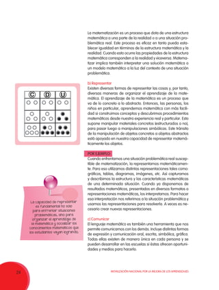 Movilización Nacional por la Mejora de los Aprendizajes
24
La capacidad de representar
es fundamental no solo
para enfrentar situaciones
problemáticas, sino para
organizar el aprendizaje de
la matemática y socializar los
conocimientos matemáticos que
los estudiantes vayan logrando.
La matematización es un proceso que dota de una estructura
matemática a una parte de la realidad o a una situación pro-
blemática real. Este proceso es eficaz en tanto pueda esta-
blecer igualdad en términos de la estructura matemática y la
realidad. Cuando esto ocurre las propiedades de la estructura
matemática corresponden a la realidad y viceversa. Matema-
tizar implica también interpretar una solución matemática o
un modelo matemático a la luz del contexto de una situación
problemática.
b) Representar
Existen diversas formas de representar las cosas y, por tanto,
diversas maneras de organizar el aprendizaje de la mate-
mática. El aprendizaje de la matemática es un proceso que
va de lo concreto a lo abstracto. Entonces, las personas, los
niños en particular, aprendemos matemática con más facili-
dad si construimos conceptos y descubrimos procedimientos
matemáticos desde nuestra experiencia real y particular. Esto
supone manipular materiales concretos (estructurados o no),
para pasar luego a manipulaciones simbólicas. Este tránsito
de la manipulación de objetos concretos a objetos abstractos
está apoyado en nuestra capacidad de representar matemá-
ticamente los objetos.
POR EJEMPLO:
Cuando enfrentamos una situación problemática real suscep-
tible de matematización, la representamos matemáticamen-
te. Para eso utilizamos distintas representaciones tales como:
gráficos, tablas, diagramas, imágenes, etc. Así capturamos
y describimos la estructura y las características matemáticas
de una determinada situación. Cuando ya disponemos de
resultados matemáticos, presentados en diversos formatos o
representaciones matemáticas, los interpretamos. Para hacer
esa interpretación nos referimos a la situación problemática y
usamos las representaciones para resolverla. A veces es ne-
cesario crear nuevas representaciones.
c) Comunicar
El lenguaje matemático es también una herramienta que nos
permite comunicarnos con los demás. Incluye distintas formas
de expresión y comunicación oral, escrita, simbólica, gráfica.
Todas ellas existen de manera única en cada persona y se
pueden desarrollar en las escuelas si éstas ofrecen oportuni-
dades y medios para hacerlo.
 
