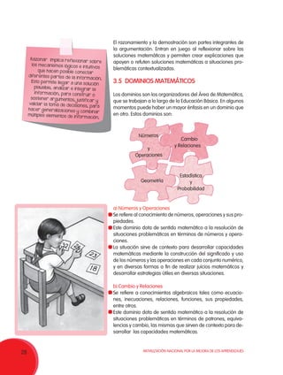 Movilización Nacional por la Mejora de los Aprendizajes
28
a) Números y Operaciones
Se refiere al conocimiento de números, operaciones y sus pro-
piedades.
Este dominio dota de sentido matemático a la resolución de
situaciones problemáticas en términos de números y opera-
ciones.
La situación sirve de contexto para desarrollar capacidades
matemáticas mediante la construcción del significado y uso
de los números y las operaciones en cada conjunto numérico,
y en diversas formas a fin de realizar juicios matemáticos y
desarrollar estrategias útiles en diversas situaciones.
b) Cambio y Relaciones
Se refiere a conocimientos algebraicos tales como ecuacio-
nes, inecuaciones, relaciones, funciones, sus propiedades,
entre otros.
Este dominio dota de sentido matemático a la resolución de
situaciones problemáticas en términos de patrones, equiva-
lencias y cambio, las mismas que sirven de contexto para de-
sarrollar las capacidades matemáticas.
Razonar implica reflexionar sobre
los mecanismos lógicos e intuitivos
que hacen posible conectar
diferentes partes de la información.
Esto permite llegar a una solución
plausible, analizar e integrar la
información, para construir o
sostener argumentos, justificar y
validar la toma de decisiones, para
hacer generalizaciones y combinar
múltiples elementos de información.
El razonamiento y la demostración son partes integrantes de
la argumentación. Entran en juego al reflexionar sobre las
soluciones matemáticas y permiten crear explicaciones que
apoyen o refuten soluciones matemáticas a situaciones pro-
blemáticas contextualizadas.
3.5 DOMINIOS MATEMÁTICOS
Los dominios son los organizadores del Área de Matemática,
que se trabajan a lo largo de la Educación Básica. En algunos
momentos puede haber un mayor énfasis en un dominio que
en otro. Estos dominios son:
Estadística
y
Probabilidad
Números
y
Operaciones
	Cambio
y Relaciones
	Geometría
 