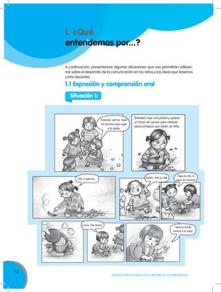 10
MOVILIZACIÓN NACIONAL POR LA MEJORA DE LOS APRENDIZAJES
I. ¿Qué
entendemos por...?
1.1 Expresión y comprensión oral
EN EL PATIO DE LA ESCUELA, UN GRUPO DE NIÑAS CONVERSAN Y JUEGAN.
Situación 1:
Eto e paloma. ¡Karen, trai la olla! Tapa la olla, el
agua se ensucia.
Corre, trai flores.
Vamos echar
harina a la sopa.
Soledad coge una piedra y golpea
un trozo de carrizo para obtener
varios pedazos que harán de leña.
Soledad, vamos lavar
los tarritos para jugar
a la casita.
A continuación, presentamos algunas situaciones que nos permitirán reflexio-
nar sobre el desarrollo de la comunicación en los niños y las ideas que tenemos
como docentes.
 