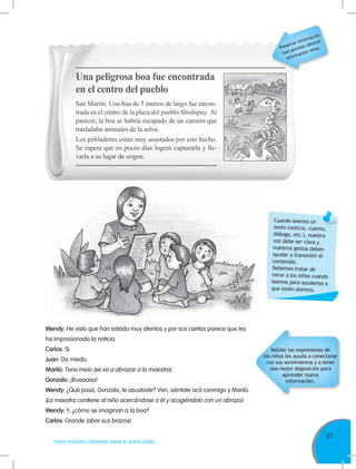 51
TODOS PODEMOS APRENDER, NADIE SE QUEDA ATRÁS
Wendy: He visto que han estado muy atentos y por sus caritas parece que les
ha impresionado la noticia.
Carlos: Sí.
Juan: Da miedo.
Marilú: Teno meio (se va a abrazar a la maestra).
Gonzalo: ¡Buaaaaa!
Wendy: ¿Qué pasó, Gonzalo, te asustaste? Ven, siéntate acá conmigo y Marilú.
(La maestra contiene al niño acercándose a él y acogiéndolo con un abrazo).
Wendy: Y, ¿cómo se imaginan a la boa?
Carlos: Grande (abre sus brazos).
Validar las expresiones de
los niños les ayuda a conectarse
con sus sentimientos y a tener
una mejor disposición para
aprender nueva
información.
Cuando leamos un
texto (noticia, cuento,
diálogo, etc.), nuestra
voz debe ser clara y
nuestros gestos deben
ayudar a transmitir el
contenido.
Debemos tratar de
mirar a los niños cuando
leemos para ayudarlos a
que estén atentos.
San Martín. Una boa de 5 metros de largo fue encon-
trada en el centro de la plaza del pueblo Shishipay. Al
parecer, la boa se habría escapado de un camión que
trasladaba animales de la selva.
Los pobladores están muy asustados por este hecho.
Se espera que en pocos días logren capturarla y lle-
varla a su lugar de origen.
Una peligrosa boa fue encontrada
en el centro del pueblo
Presentar información
real permite obtener
información veraz.
 
